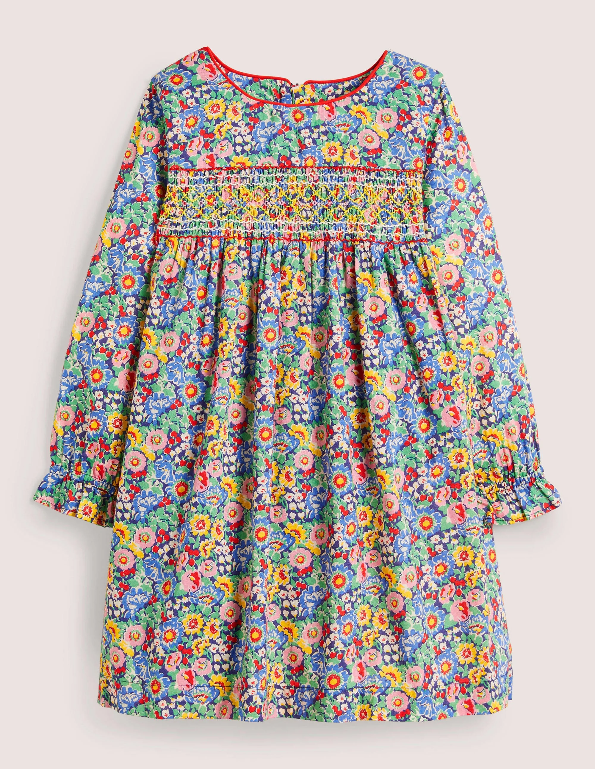 Gesmoktes Kleid mit langen Ärmeln-Bunt, Blumenmuster