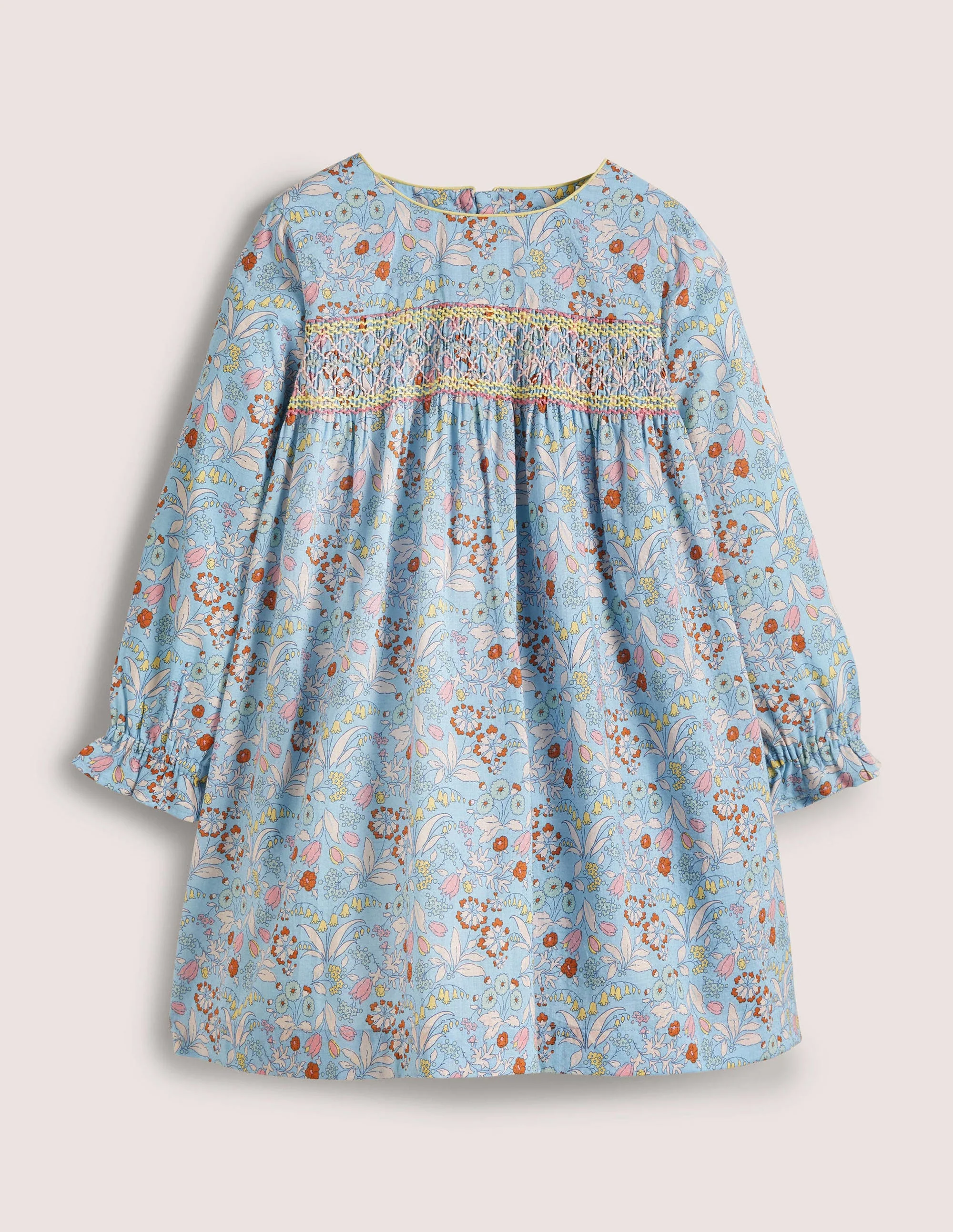Gesmoktes Kleid mit langen Ärmeln-Graublau