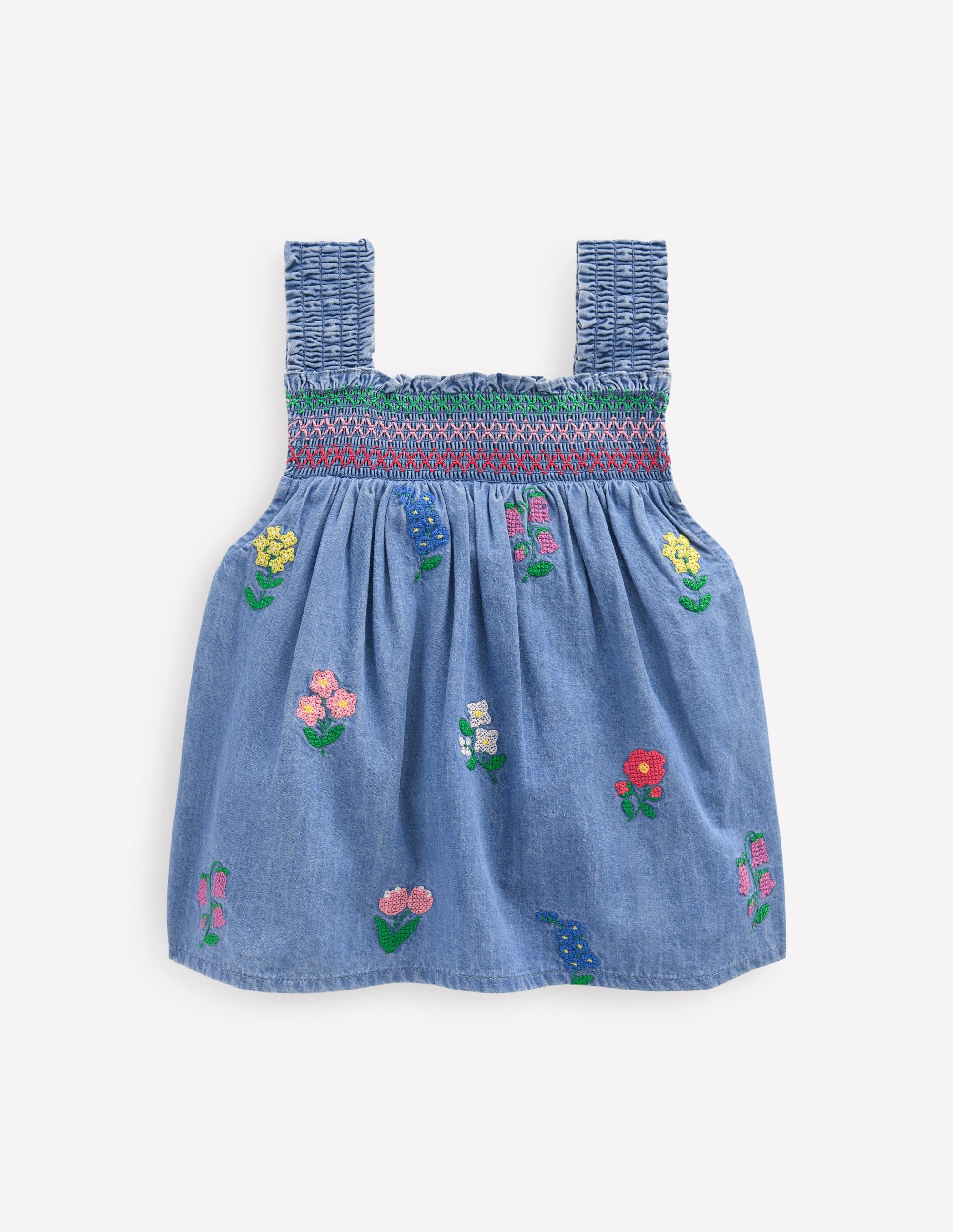 Gesmoktes Web-Oberteil-Chambray Kreuzstich Blumen