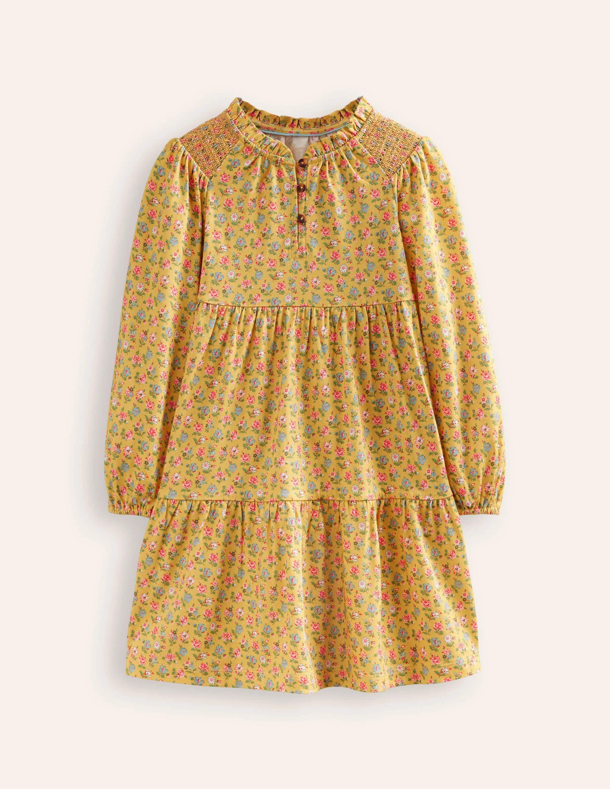 Gestuftes Jerseykleid-Kanariengelb Kleines Blumenmuster