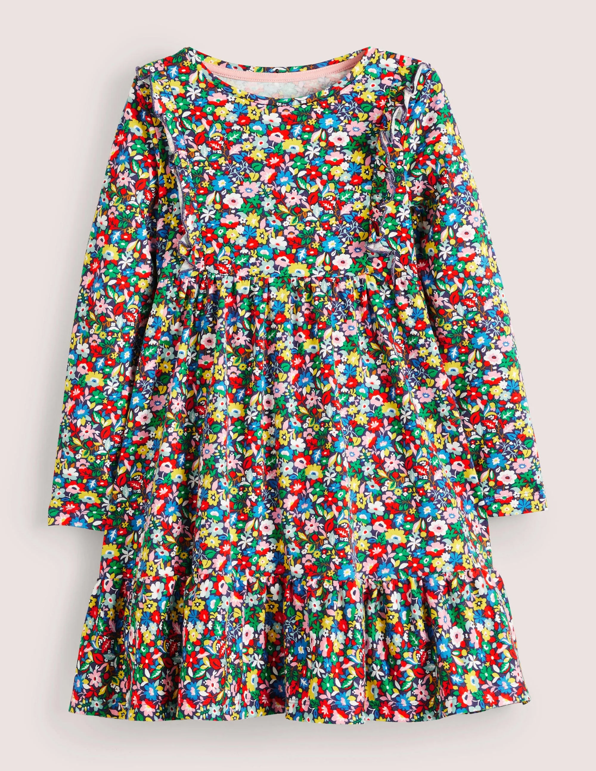 Gestuftes Jerseykleid mit Rüschen-Bunt, Patchwork-Blumen