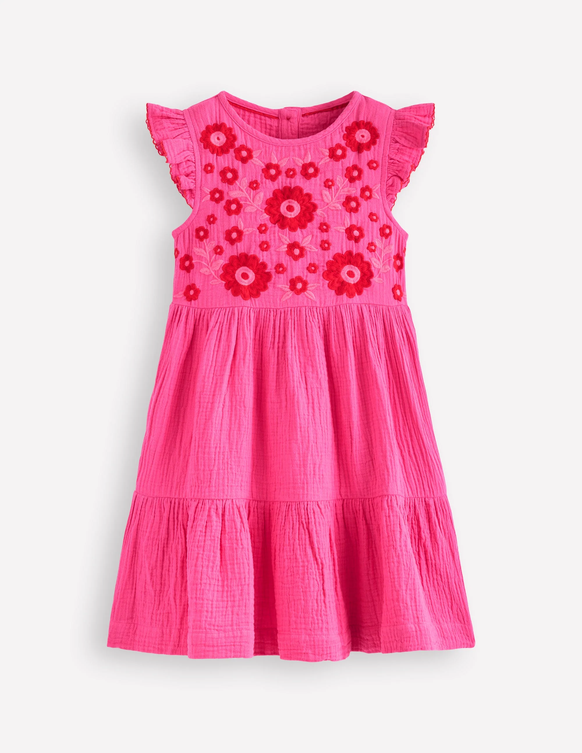 Gestuftes Kleid aus Doppeltuch-Sorbet-Rosa Stickerei