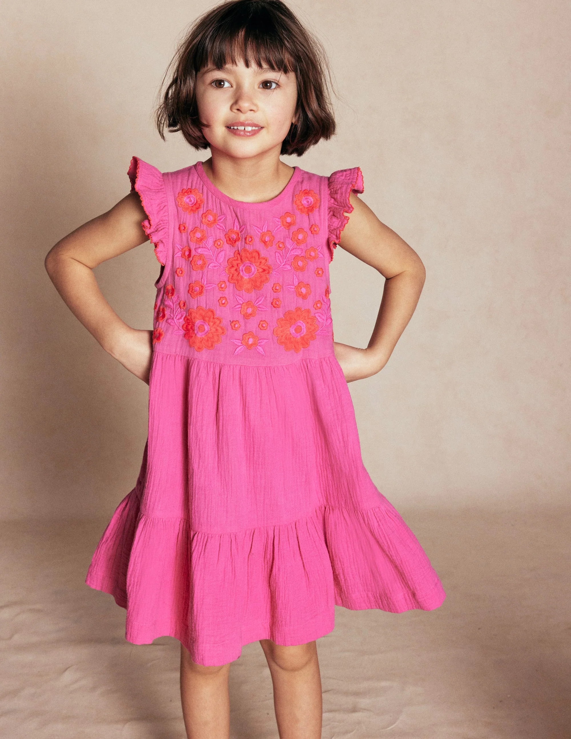 Gestuftes Kleid aus Doppeltuch-Sorbet-Rosa Stickerei - Image 4