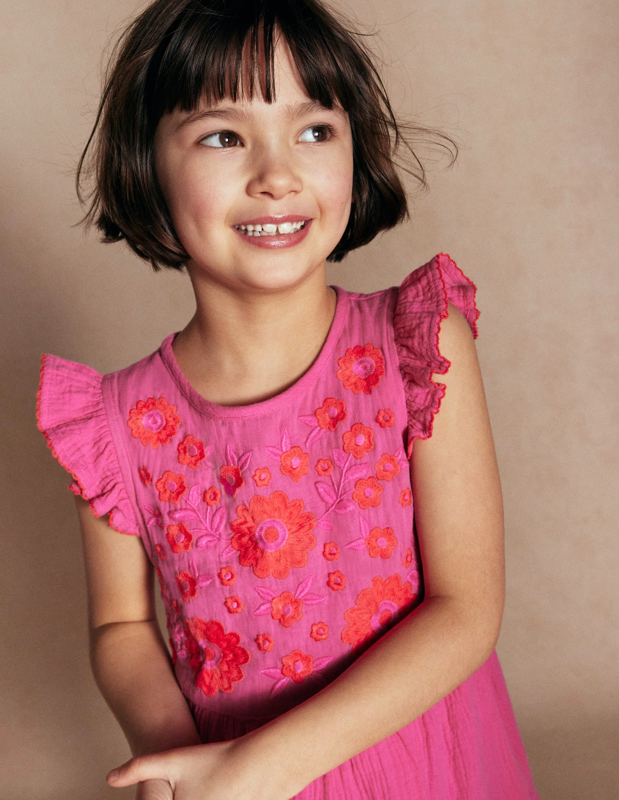 Gestuftes Kleid aus Doppeltuch-Sorbet-Rosa Stickerei - Image 5