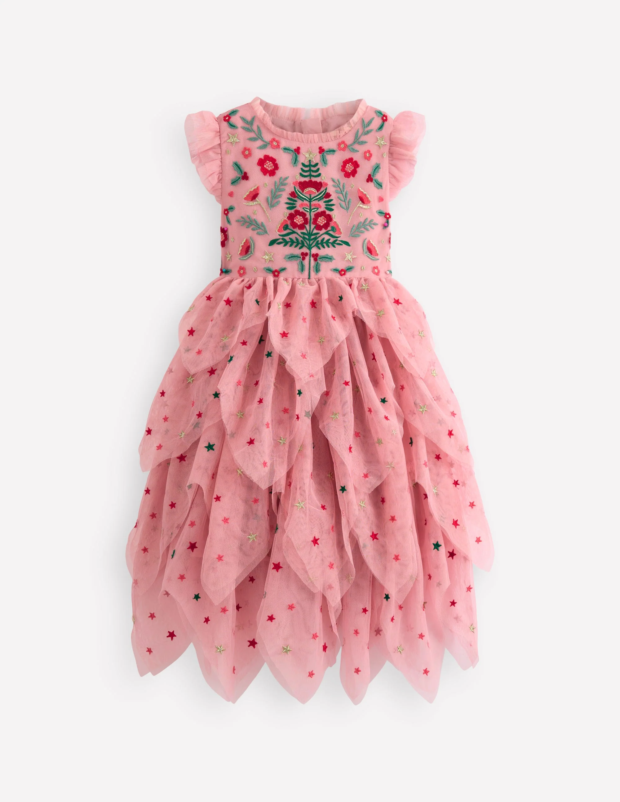 Gestuftes Partykleid aus Tüll-Vintage-Rosa Stickerei