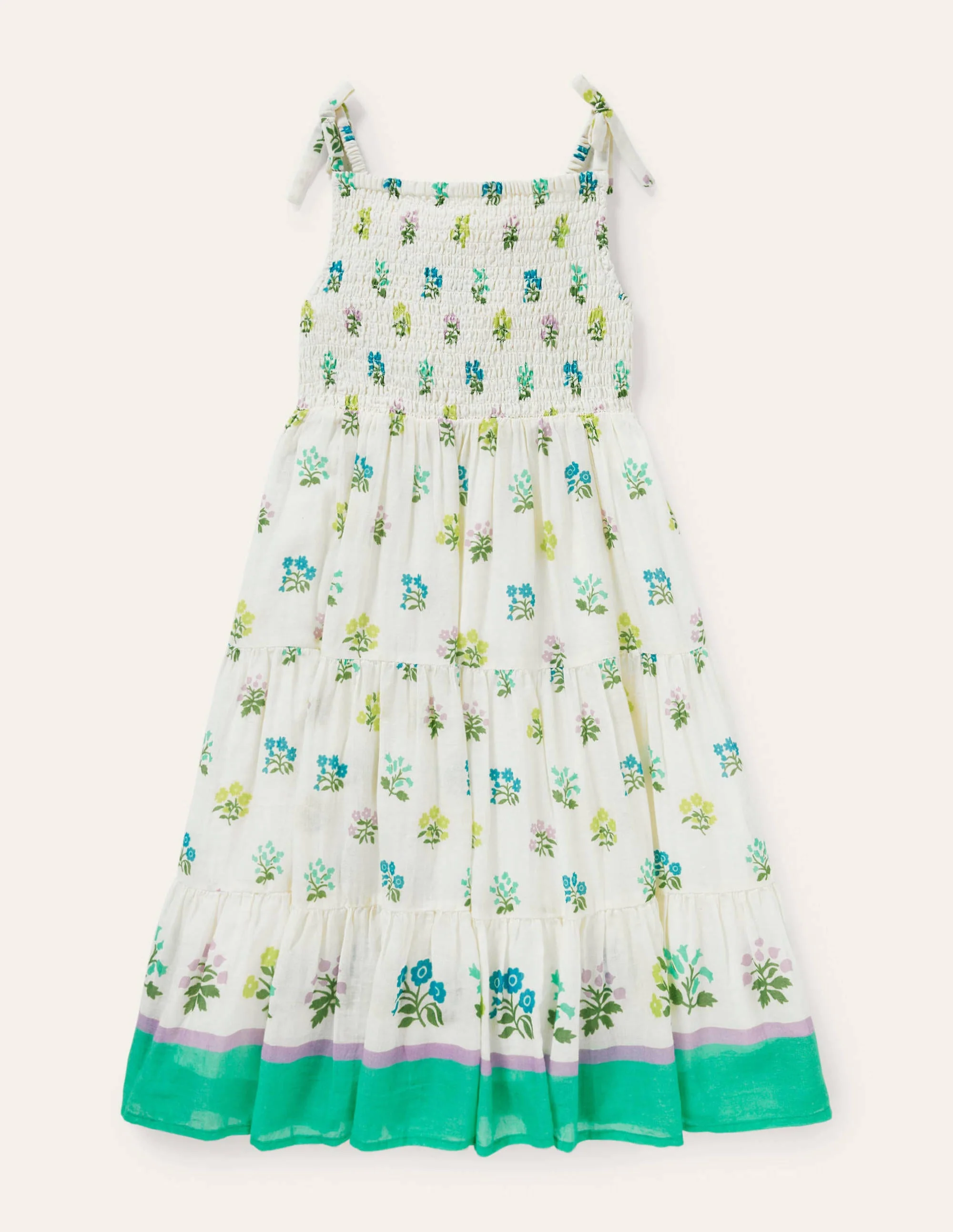 Gestuftes Sommerkleid-Naturweiß/Blau, Holzschnitt
