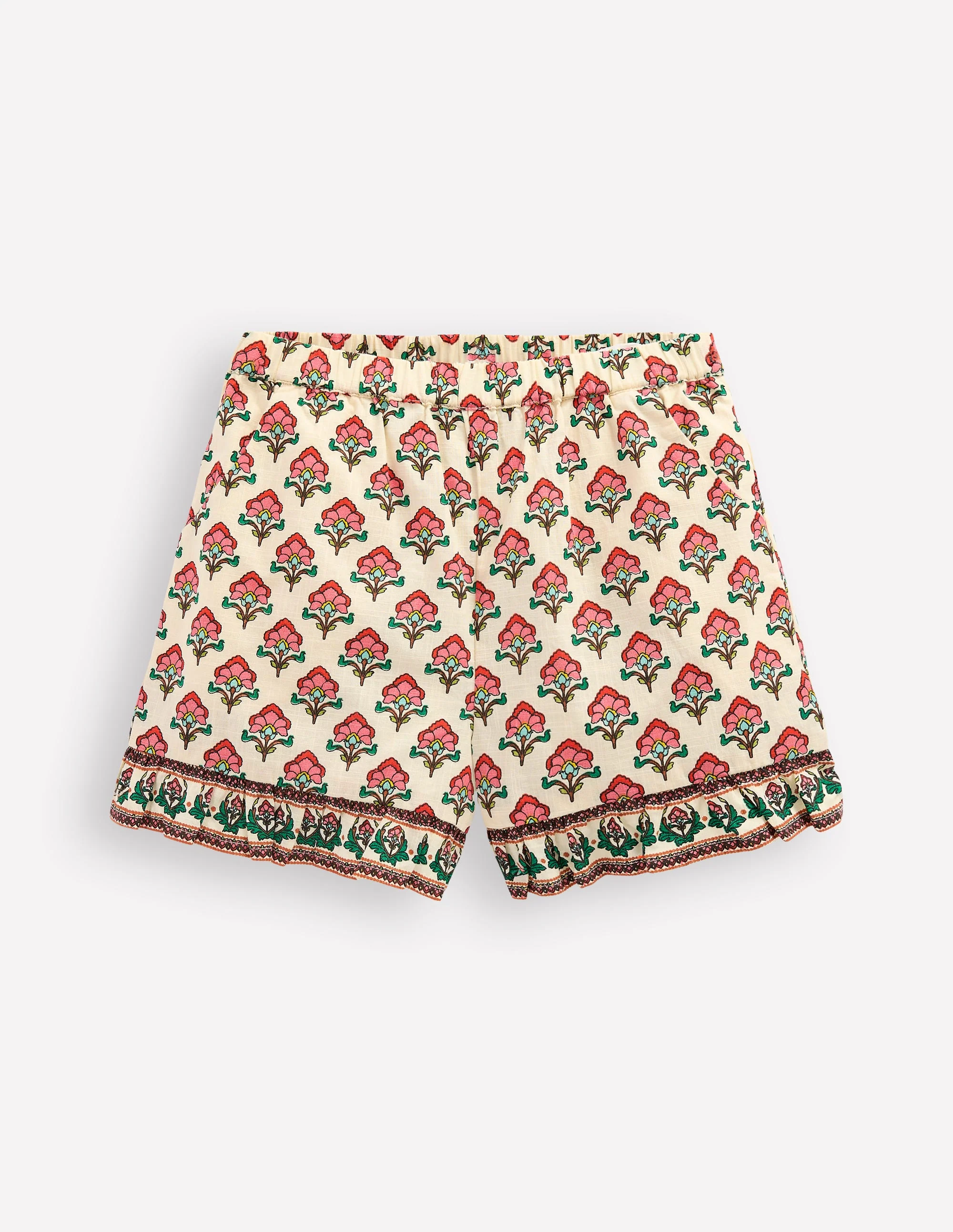 Gewebte Shorts mit Rüschen-Holzschnitt Naturweiß Blumenmuster