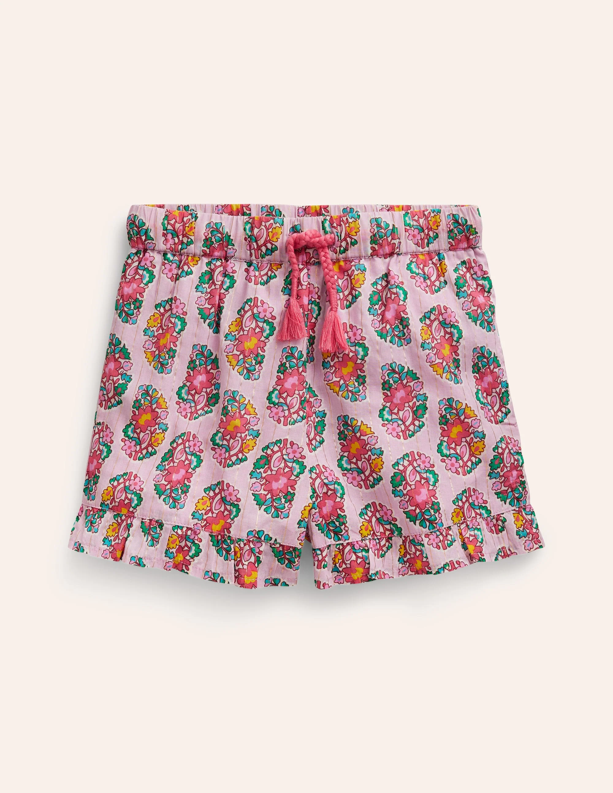 Gewebte Shorts mit Rüschensaum-Zuckermandel-Rosa Paisleymuster