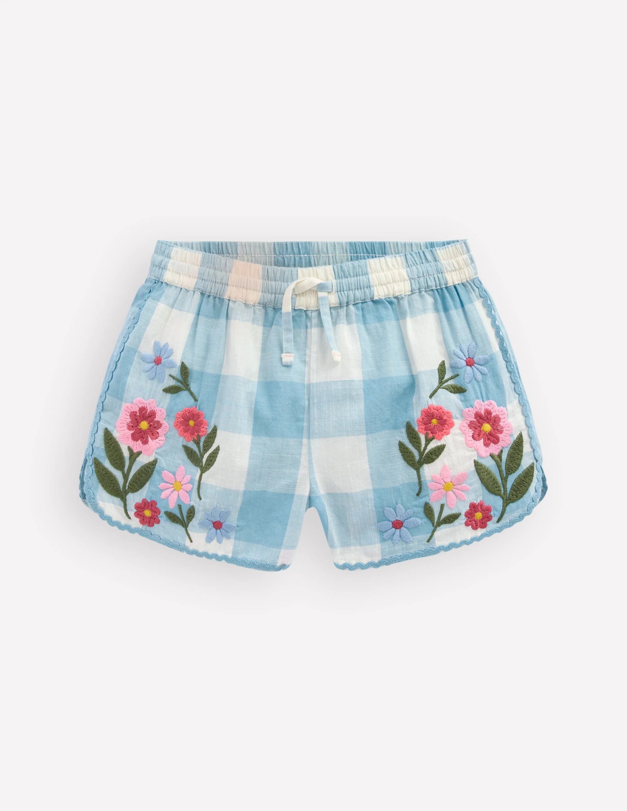 Gewebte Shorts zum Hineinschlüpfen-Blau Vichykaro Stickerei