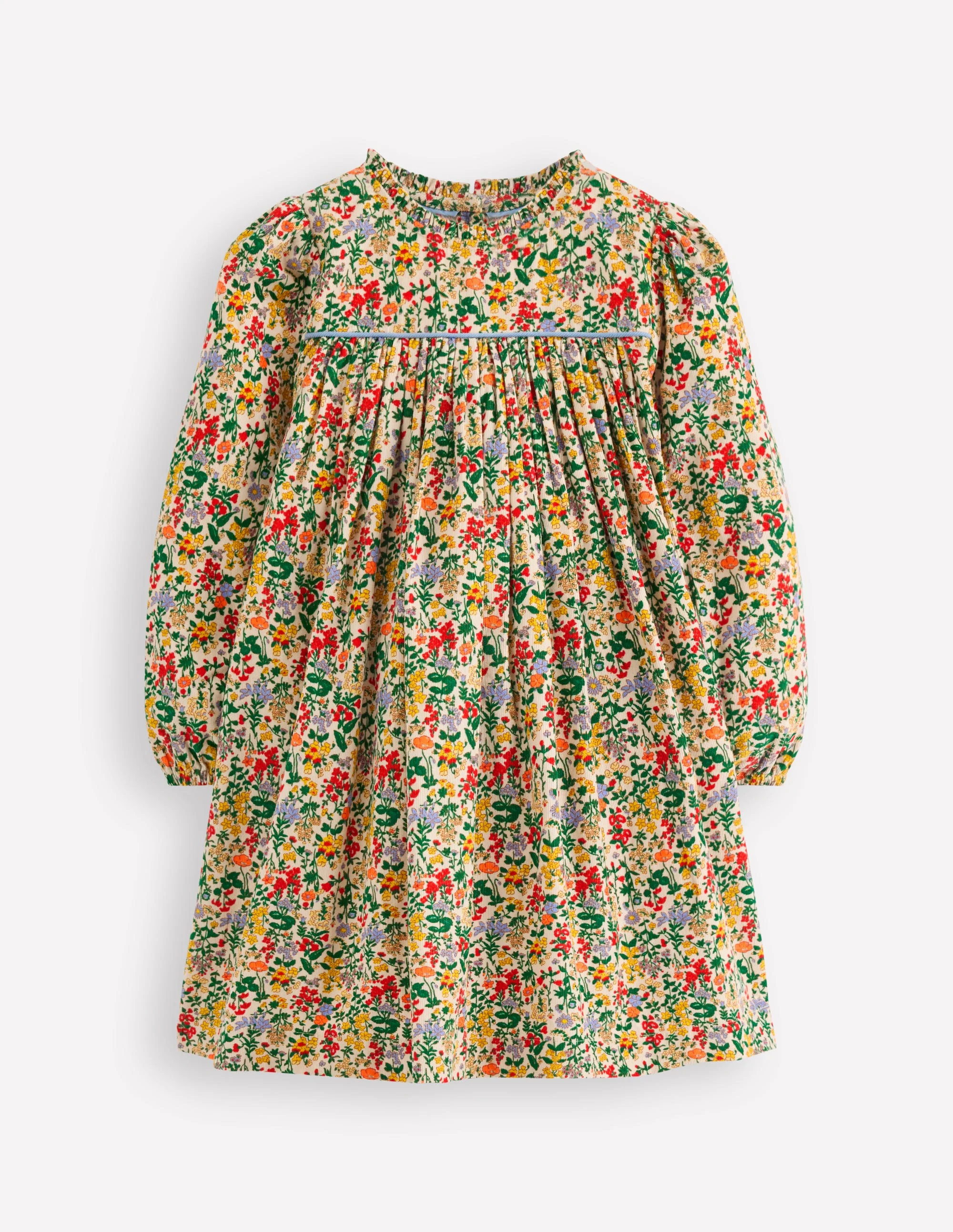 Gewebtes Kleid mit Rüschenausschnitt-Sanftes Naturweiß Blumenwiese
