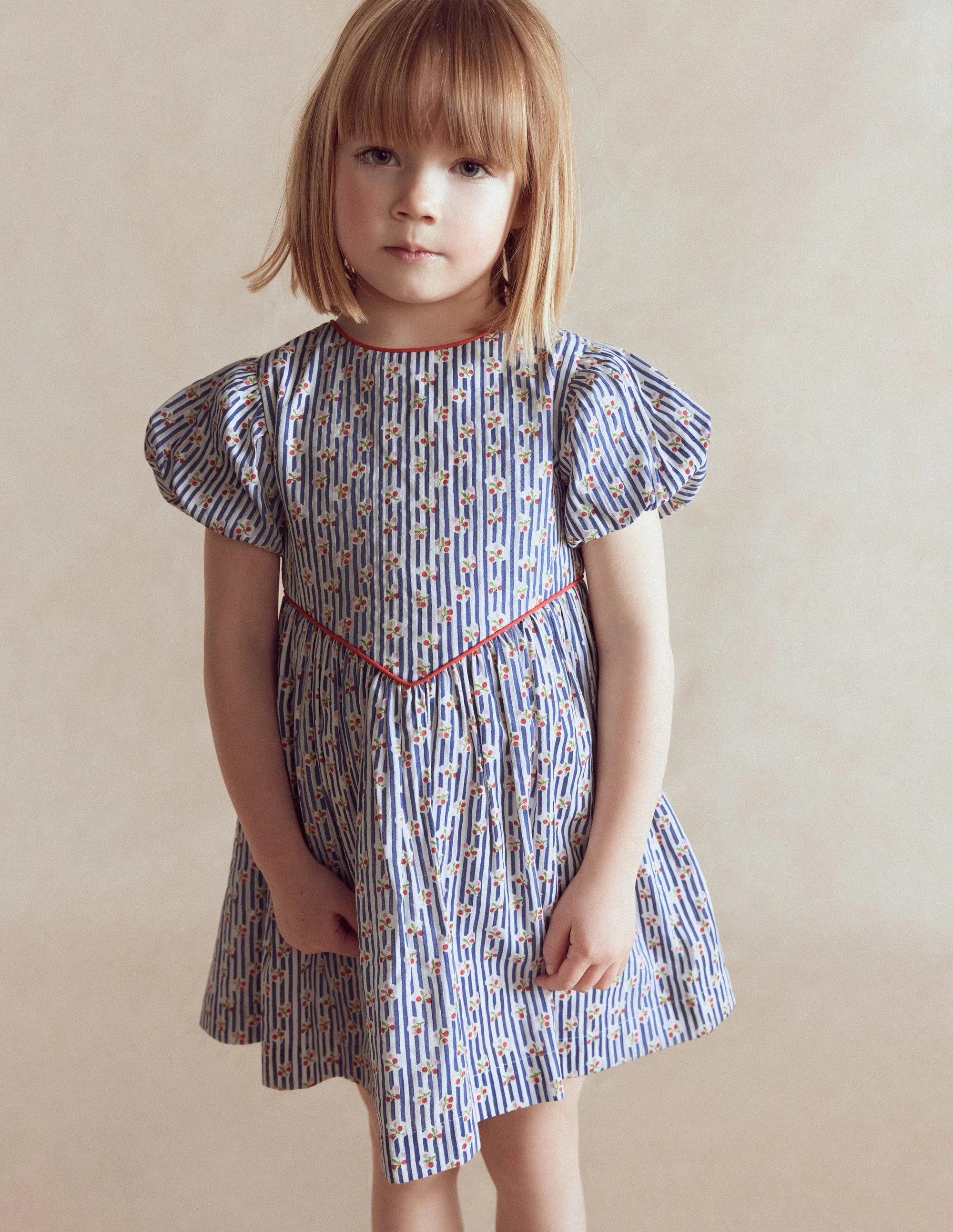 Gewebtes Kleid mit V-Ausschnitt-Blauhäher Kirschen Streifen - Image 3