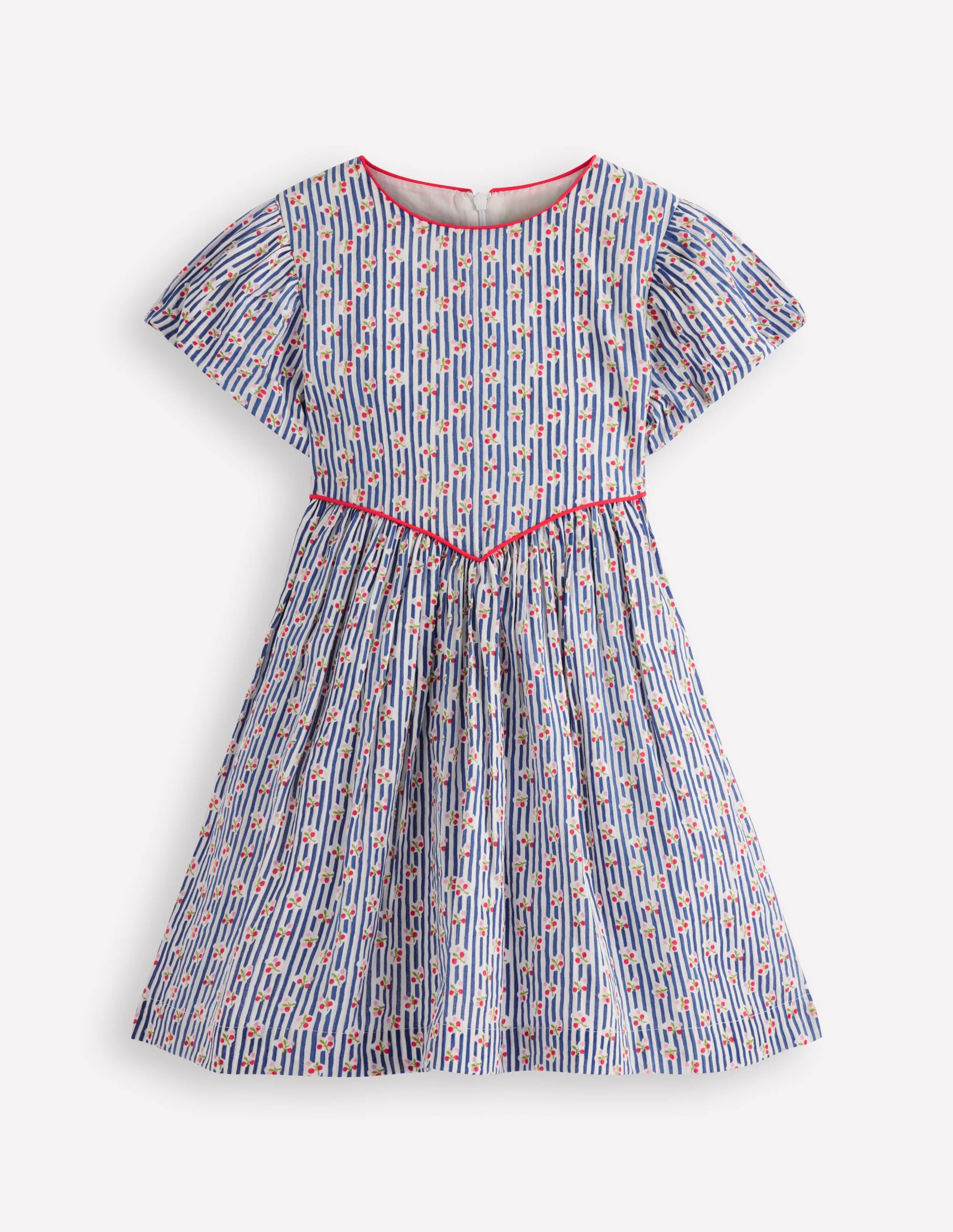 Gewebtes Kleid mit V-Ausschnitt-Blauhäher Kirschen Streifen - Image 4