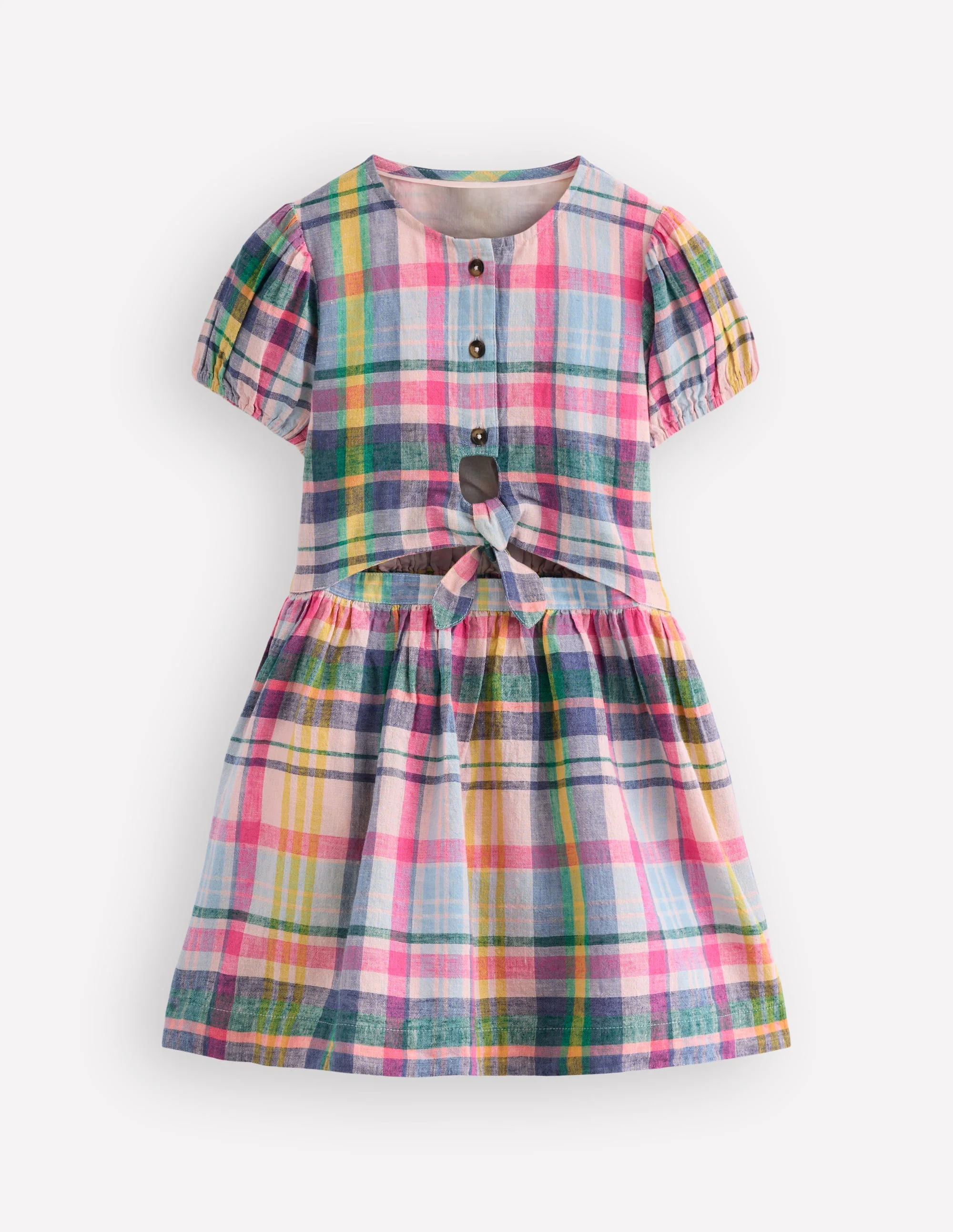 Gewebtes Kleid zum Binden vorn-Blau, Rosa und Grün Kariert - Image 2