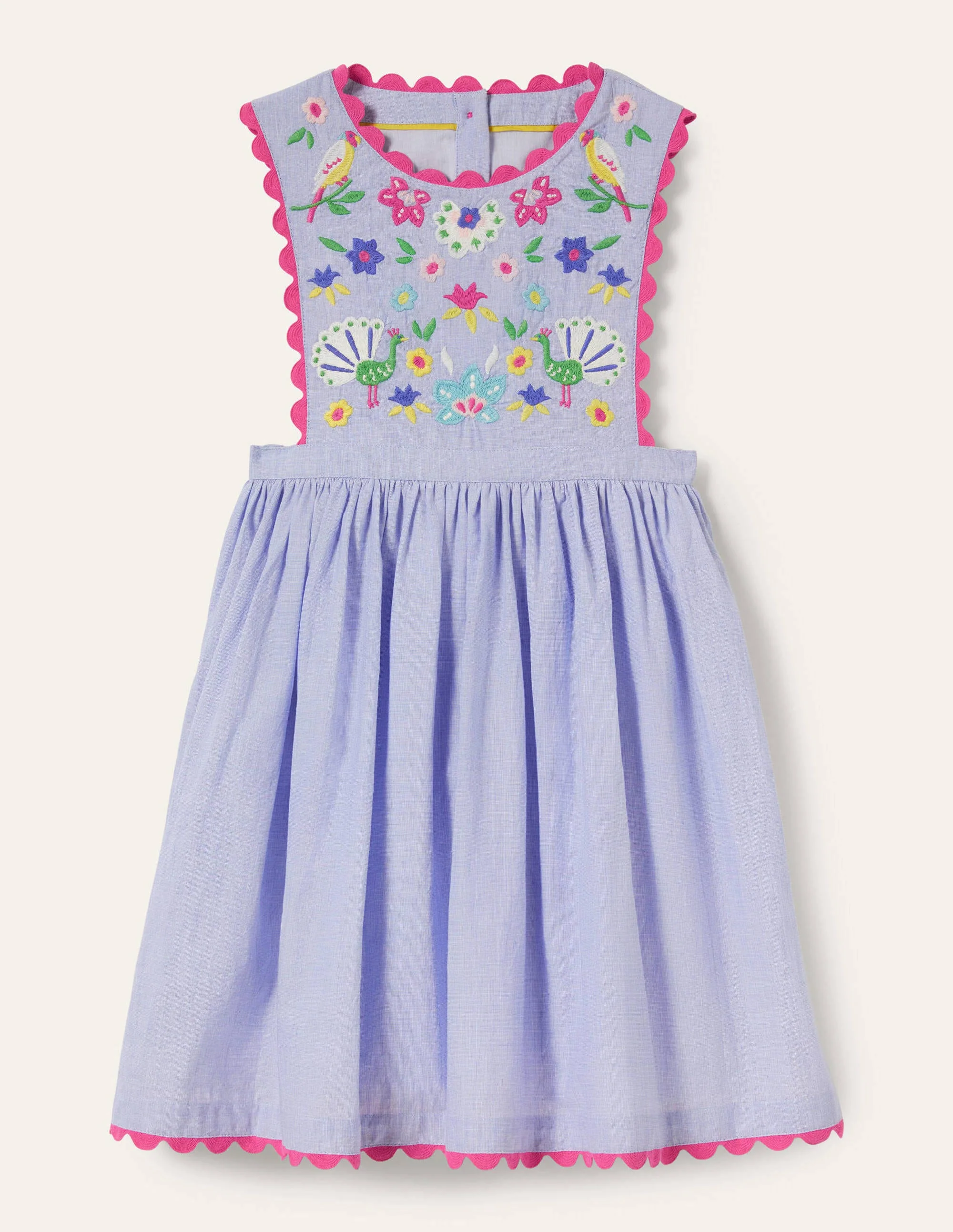 Gewebtes Schürzenkleid-Blau/Bunt, Stickerei