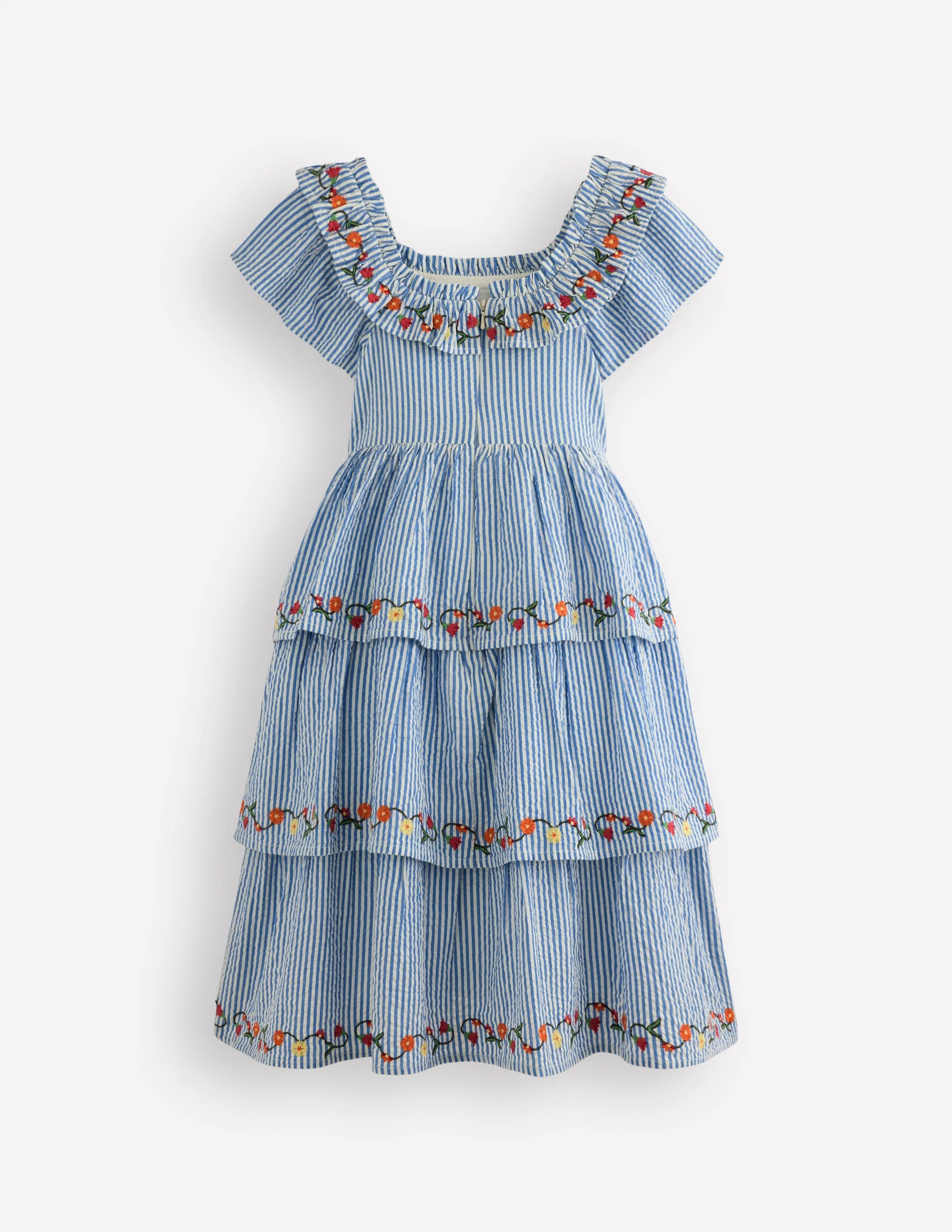 Gewebtes Stufenkleid mit Rüschen-Drillich Streifen Blumenmuster - Image 3