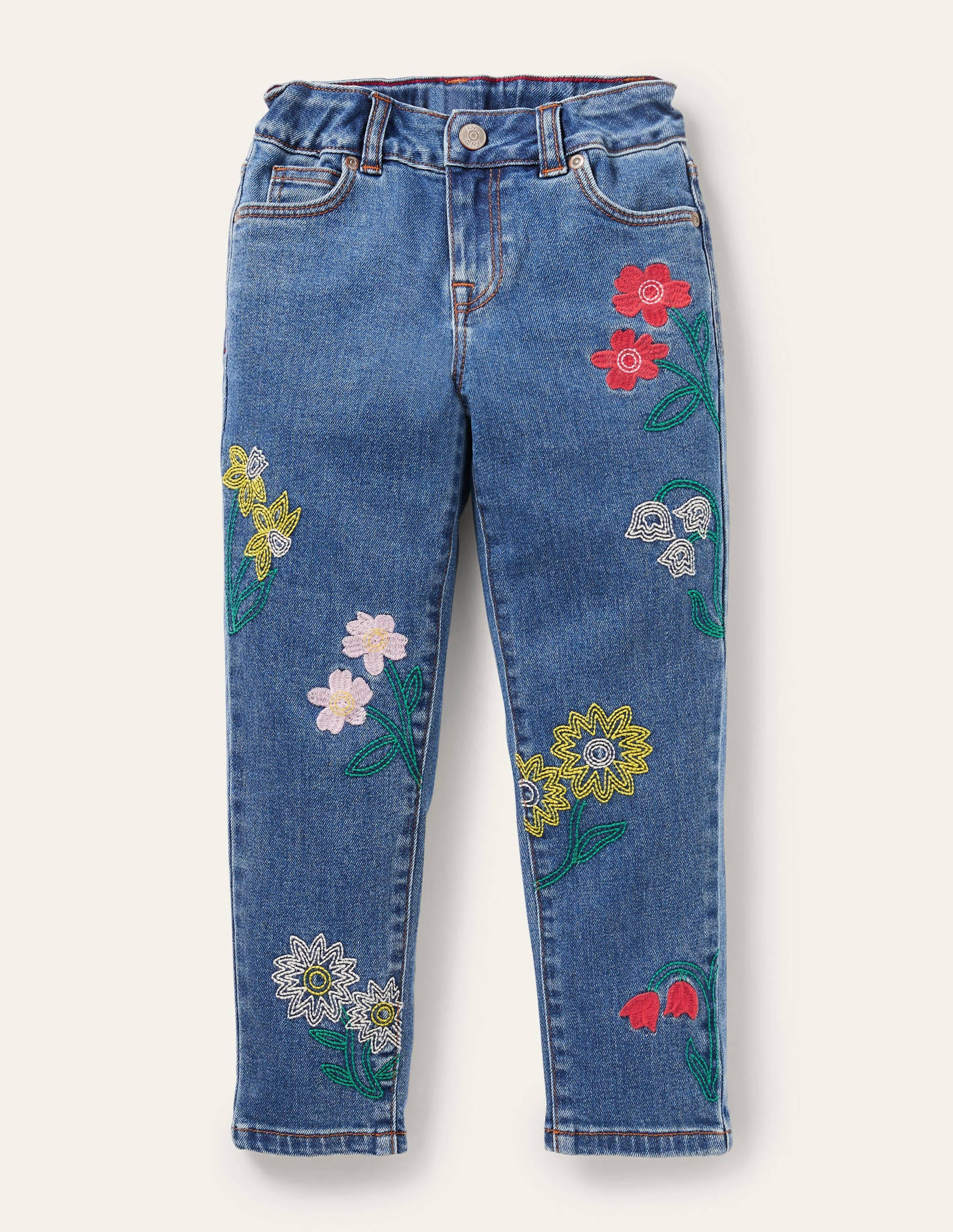 Girlfriend-Jeans-Helles Vintage-Denim, Blumen
