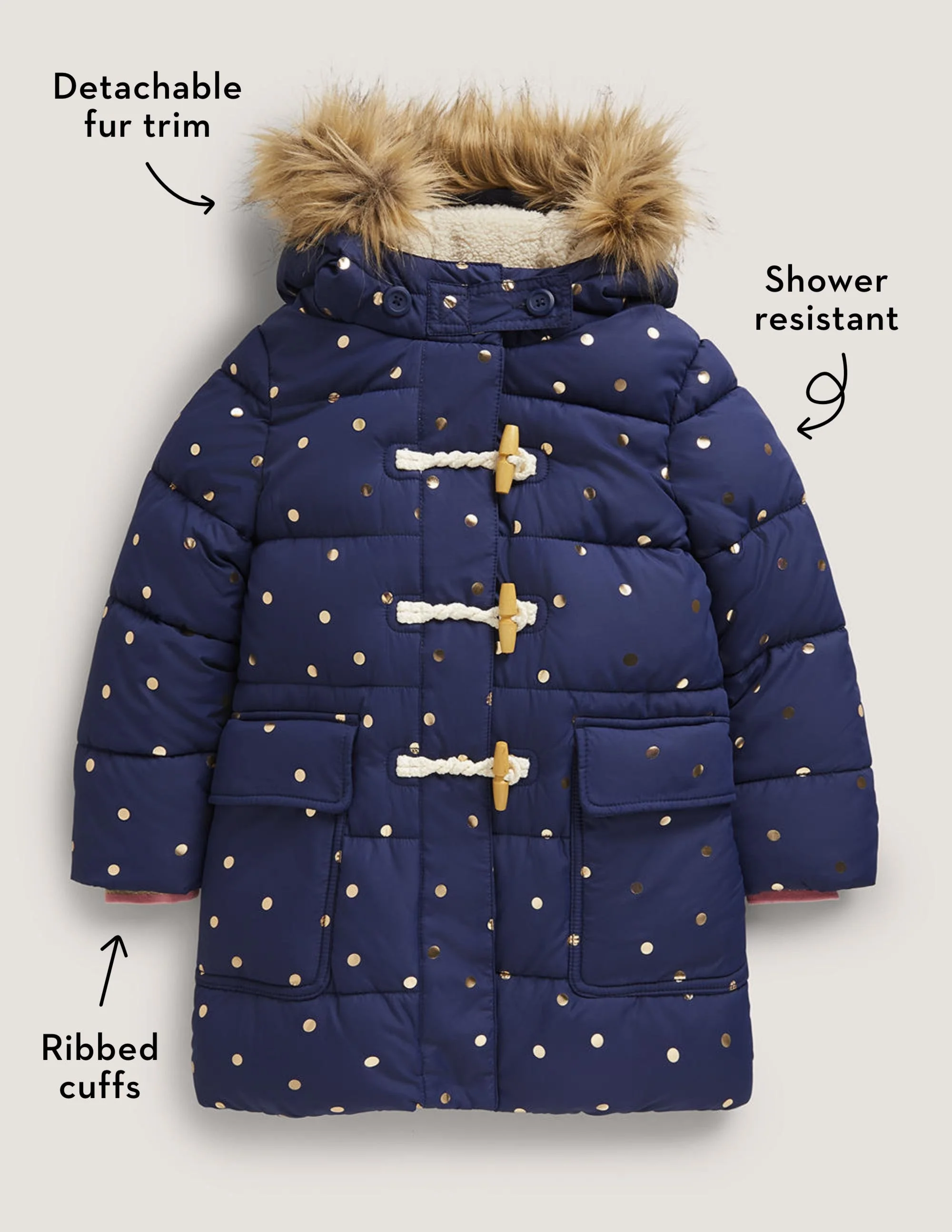 Gold Polka Dot Navy Puffer Jacket-Schuluniform-Navy, Folientupfen - Image 5