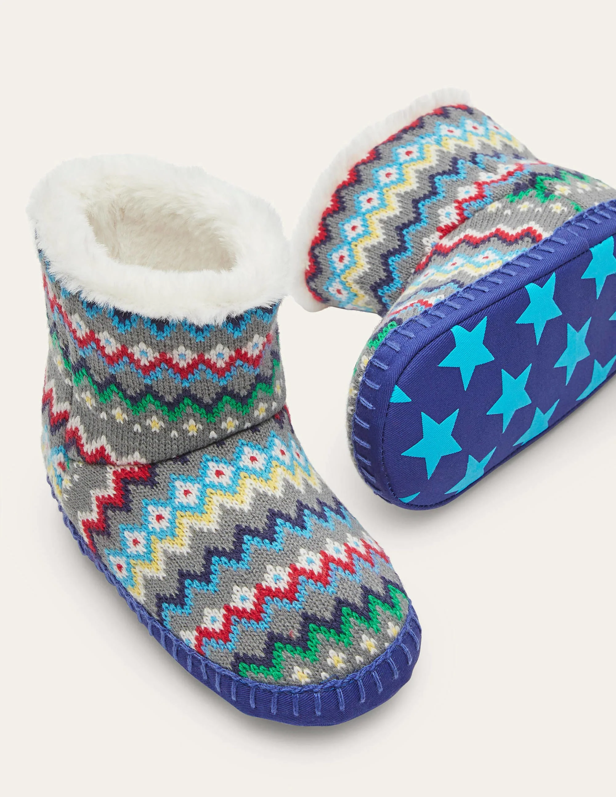 Hausschuhstiefel-Grau, Fair-Isle-Muster