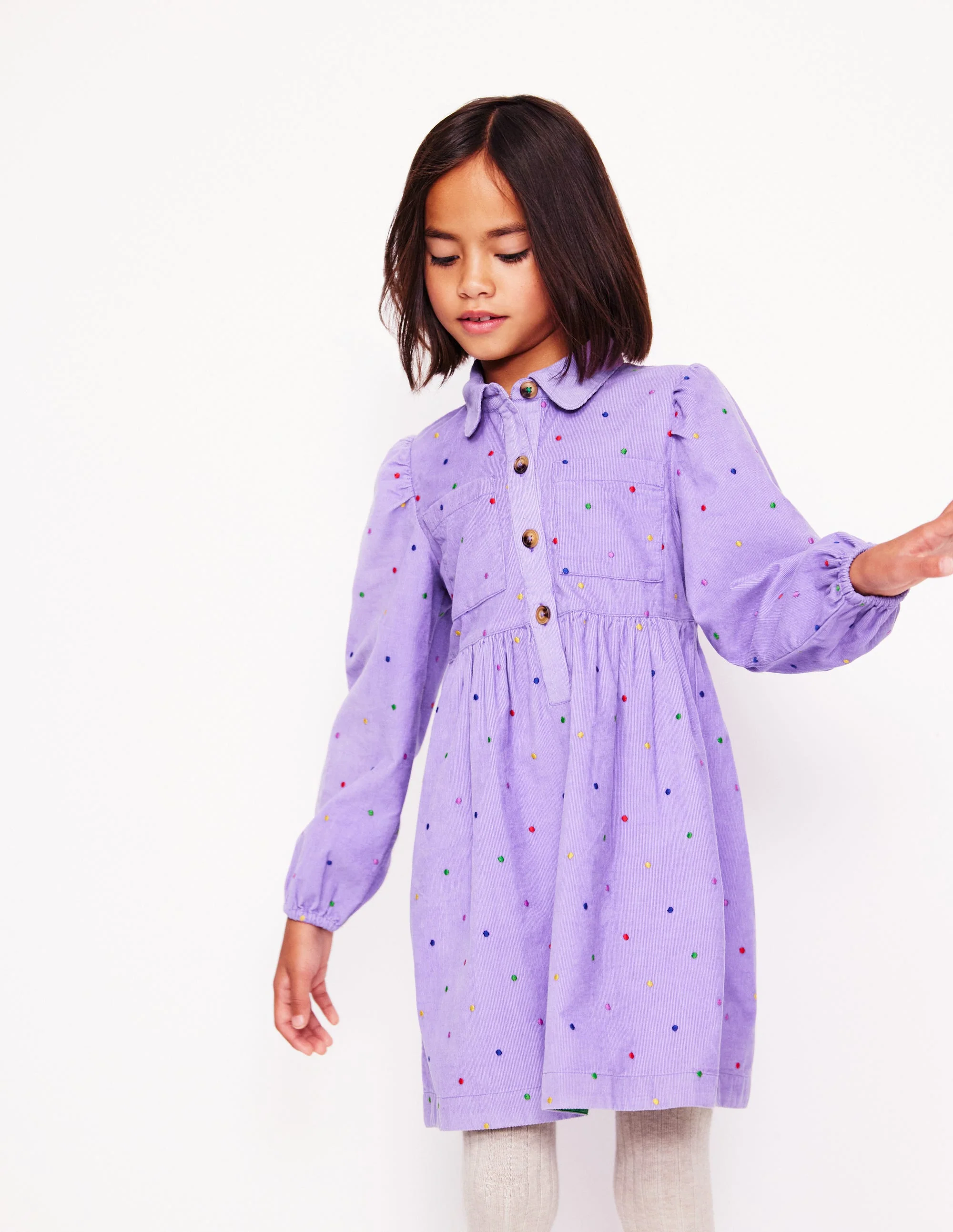 Hemdblusenkleid mit Puffärmeln-Asternlila Punkt Stickerei