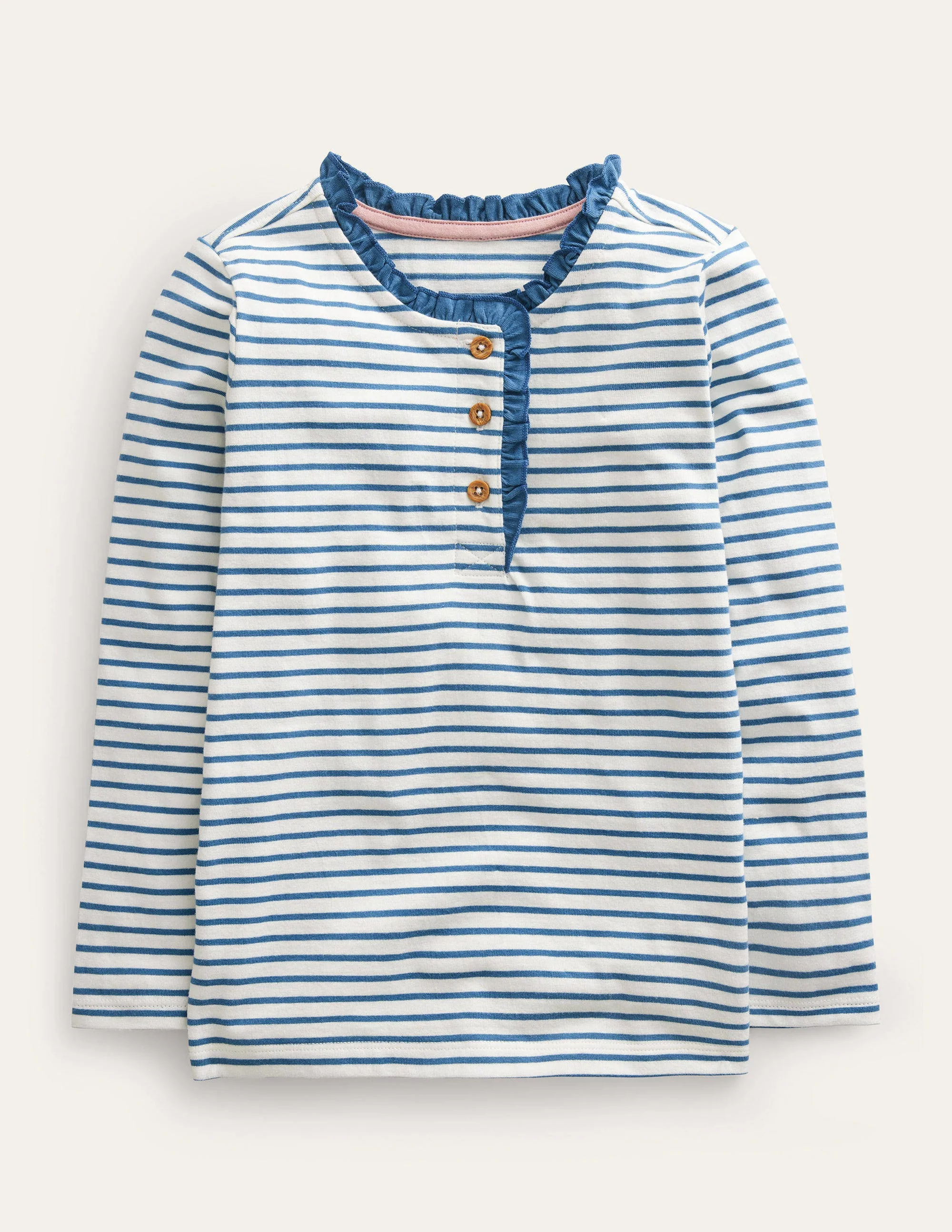Henley Matrosenshirt mit Rüschen-Naturweiß/Pfützenblau