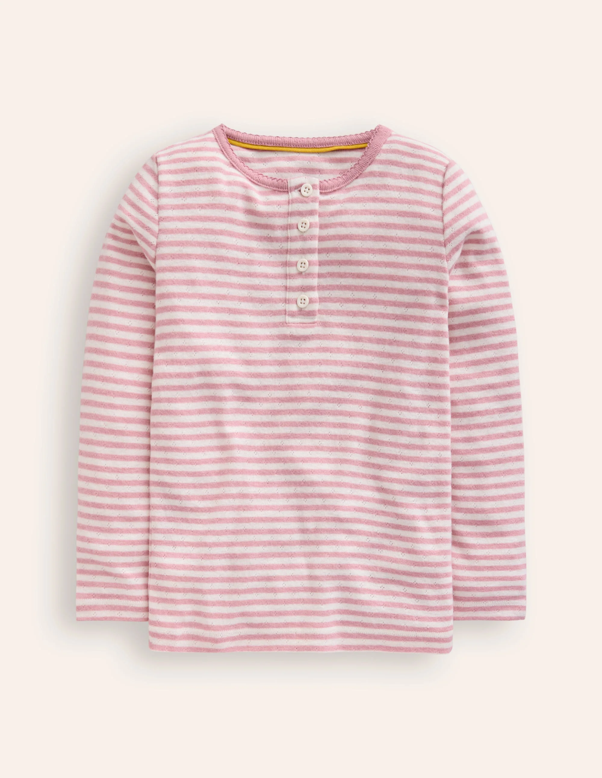 Henley Pointelle-Oberteil-Naturweiß/Vintage-Rosa Gestreift