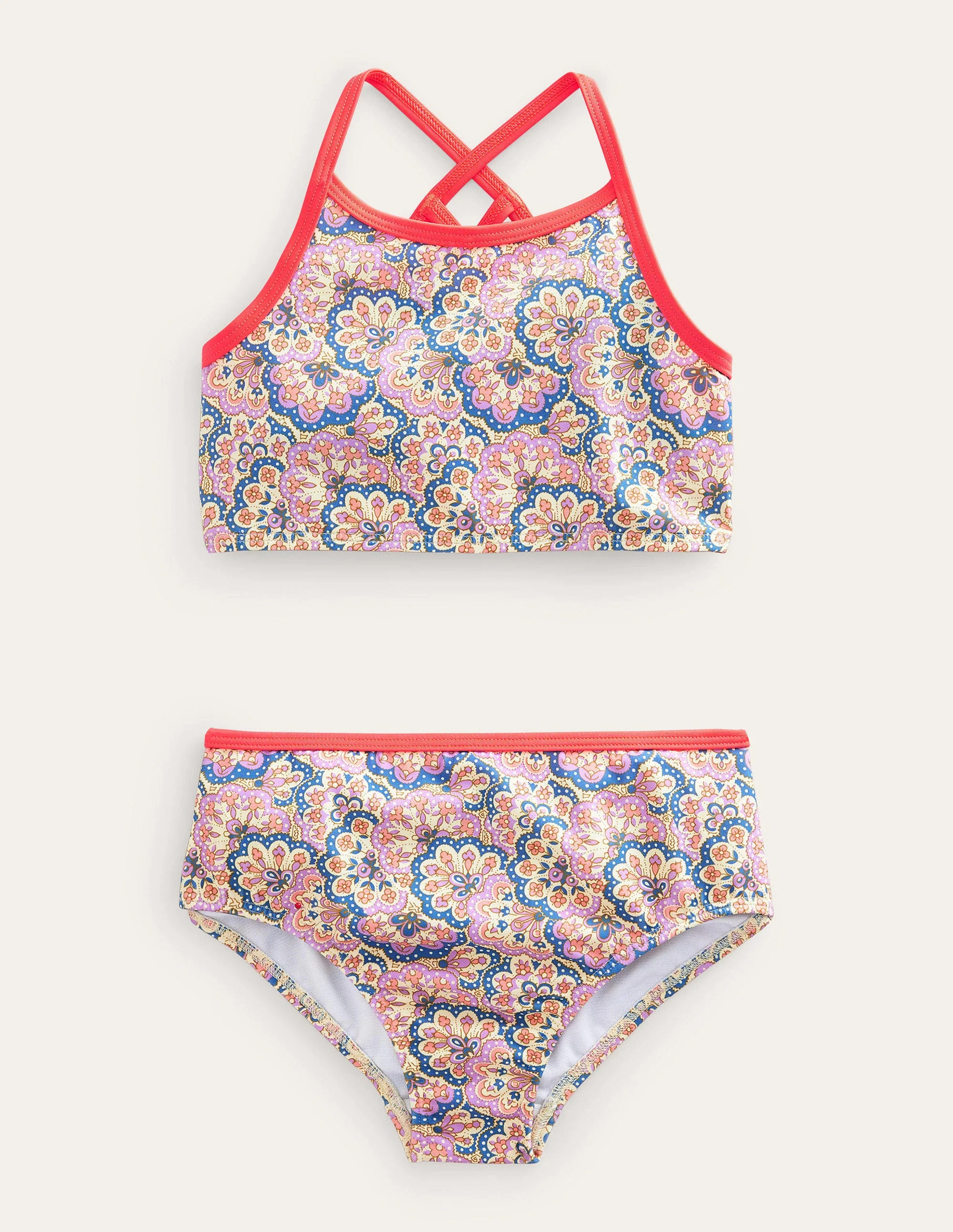 Hoch geschnittener Bikini-Lila/Pfirsich, Paisleymuster