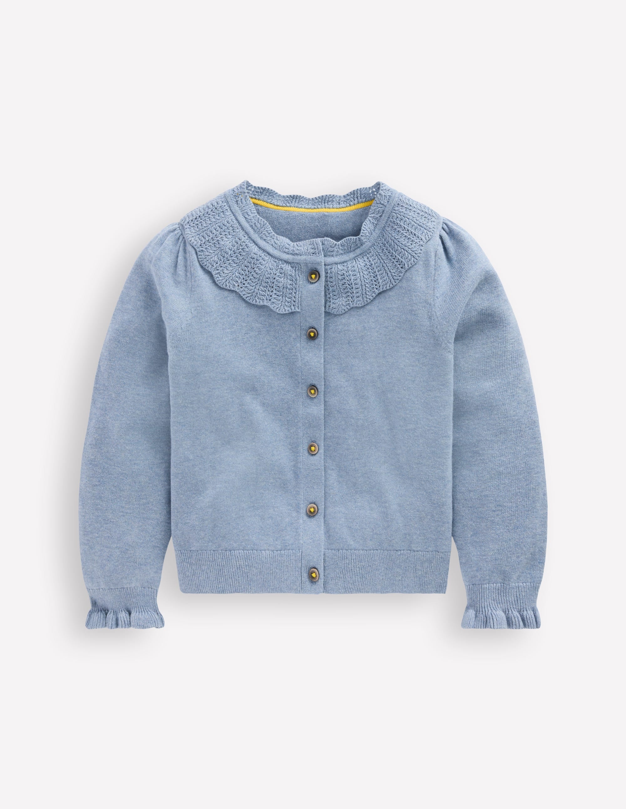 Hübsche Strickjacke mit Rüschen-Gletscherblau Meliert