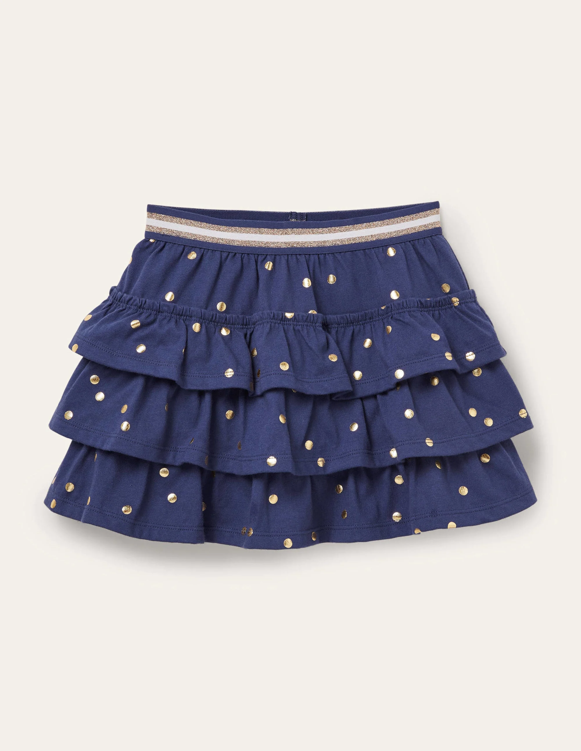Jersey-Skort mit Rüschen-Steuerbord Marineblau Goldene Punkte