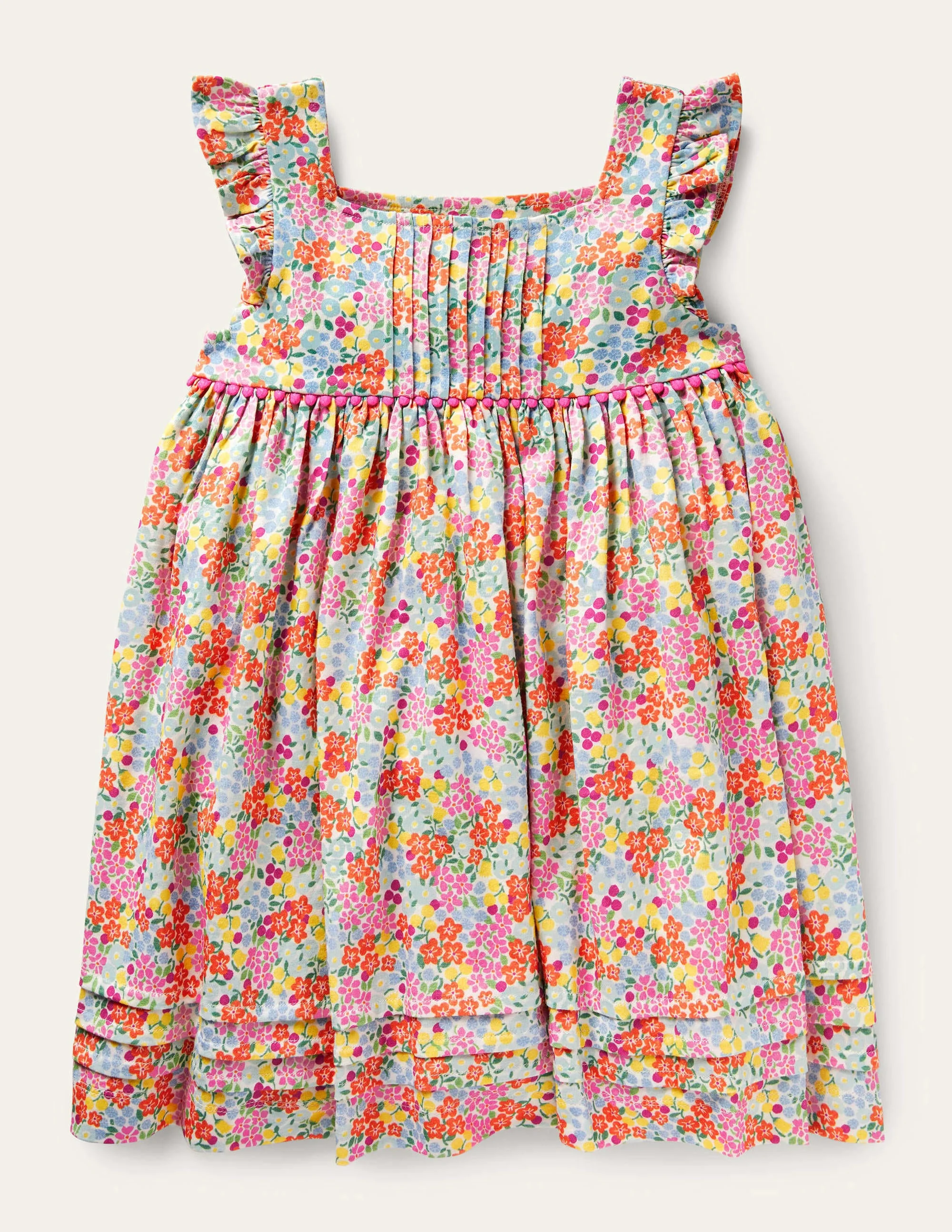 Jerseykleid mit gerüschten Ärmeln-Bunt, Tropisches Blumenbeet