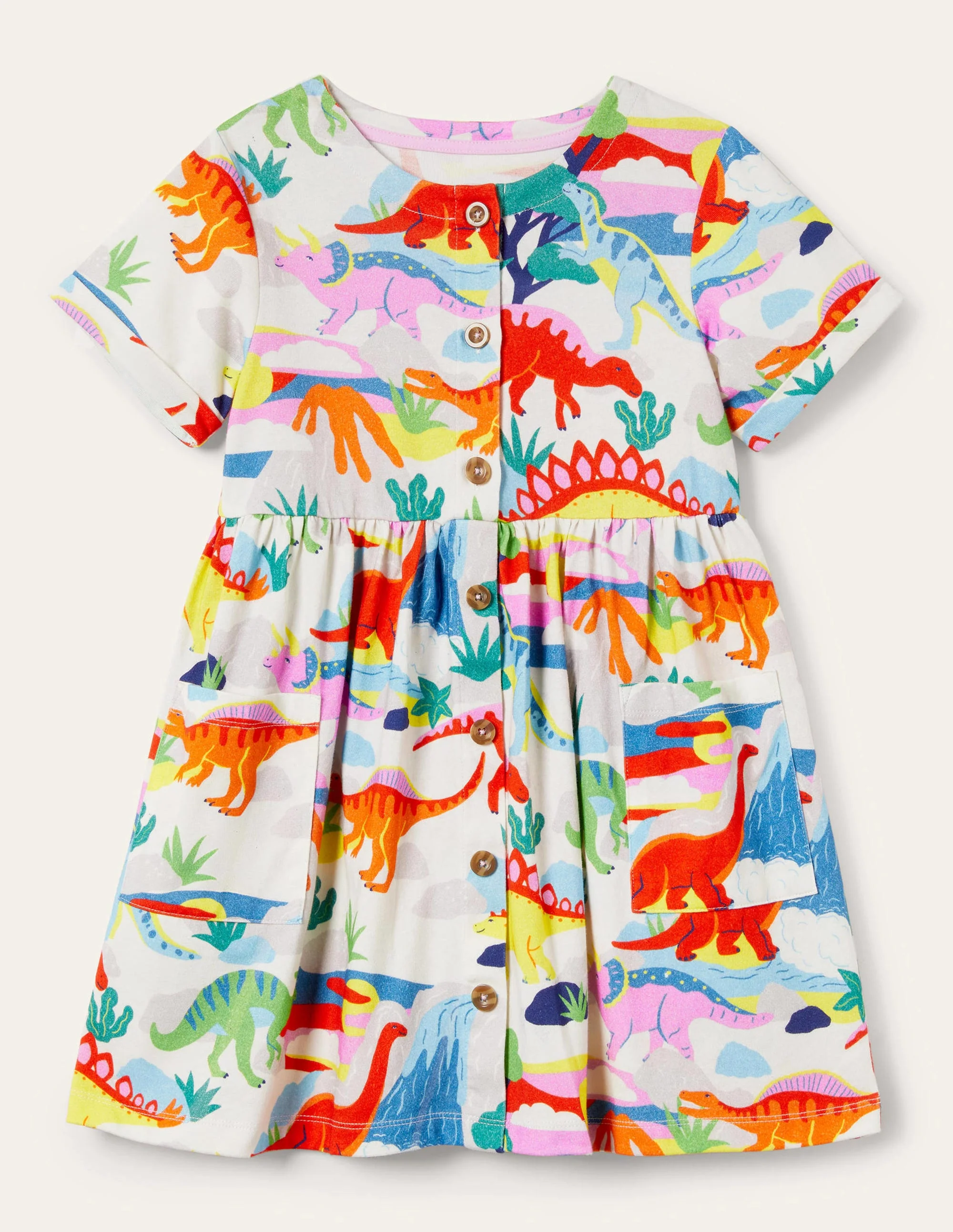 Jerseykleid mit Knopfleiste-Naturweiß, Dinosaurier/Sonnenuntergang