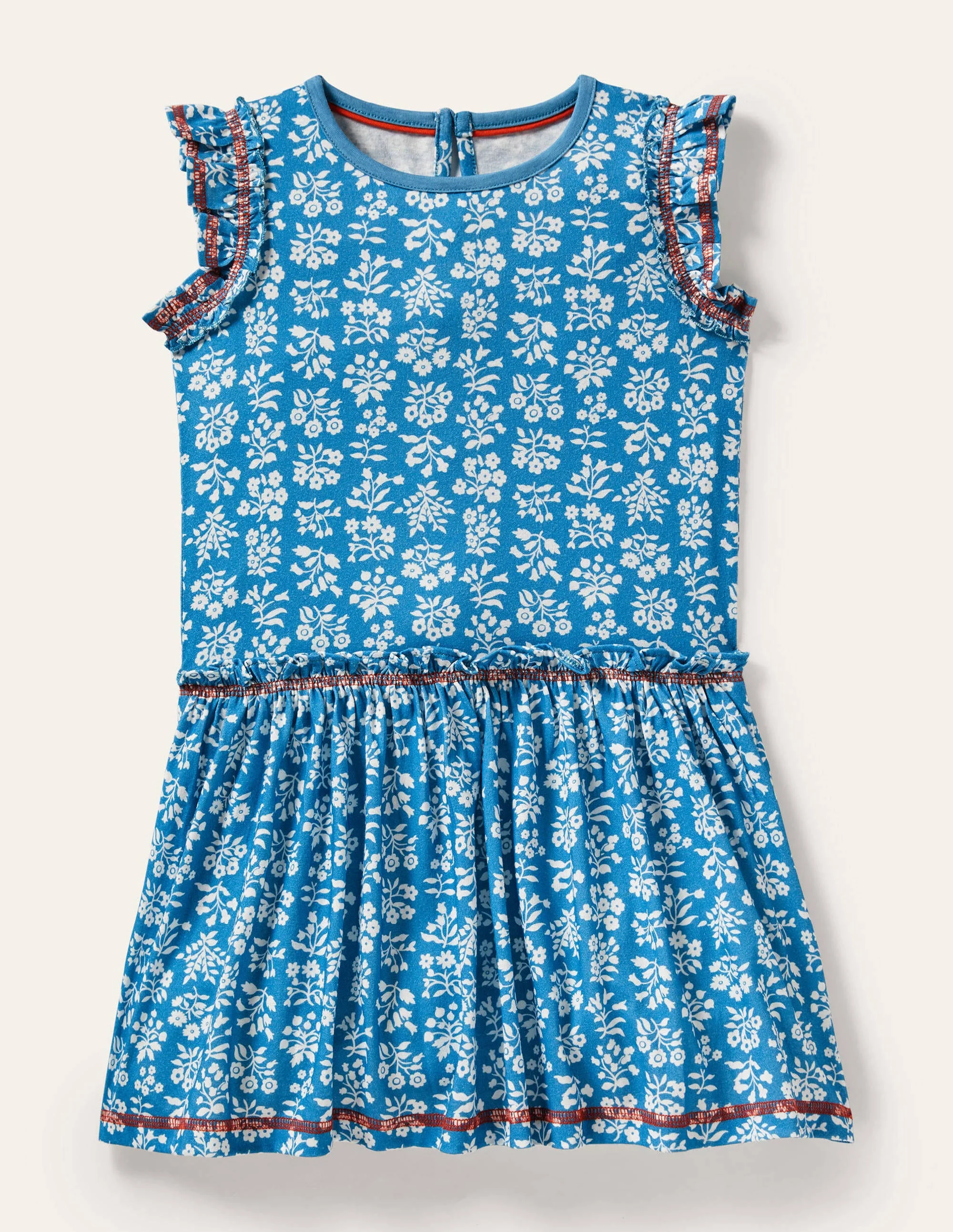 Jerseykleid mit Rüschen-Bahamasblau/Naturweiß, Holzschnittmuster