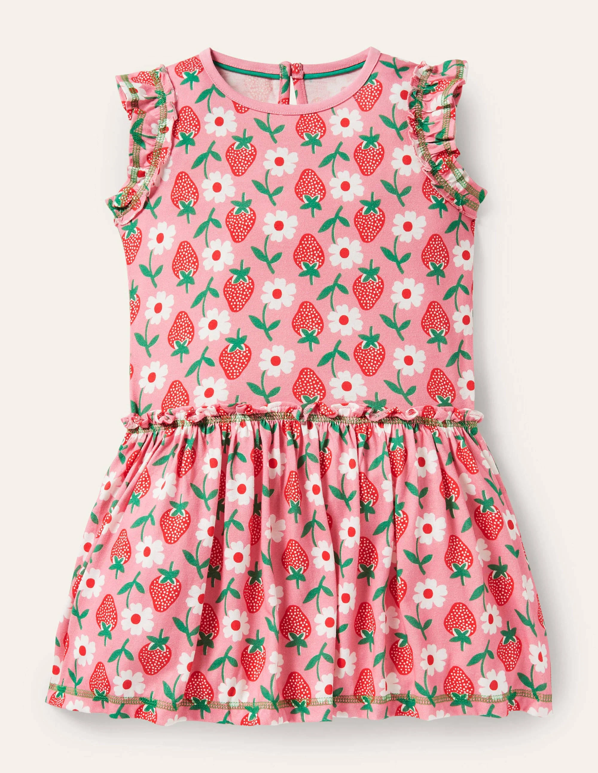 Jerseykleid mit Rüschen-Hellrosa, Erdbeermuster