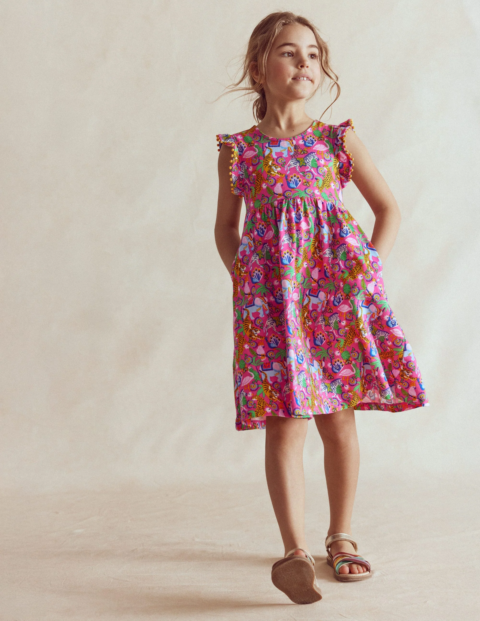 Jerseykleid mit Schleife am Rücken-Flamingo Pink Dschungeltiere - Image 3