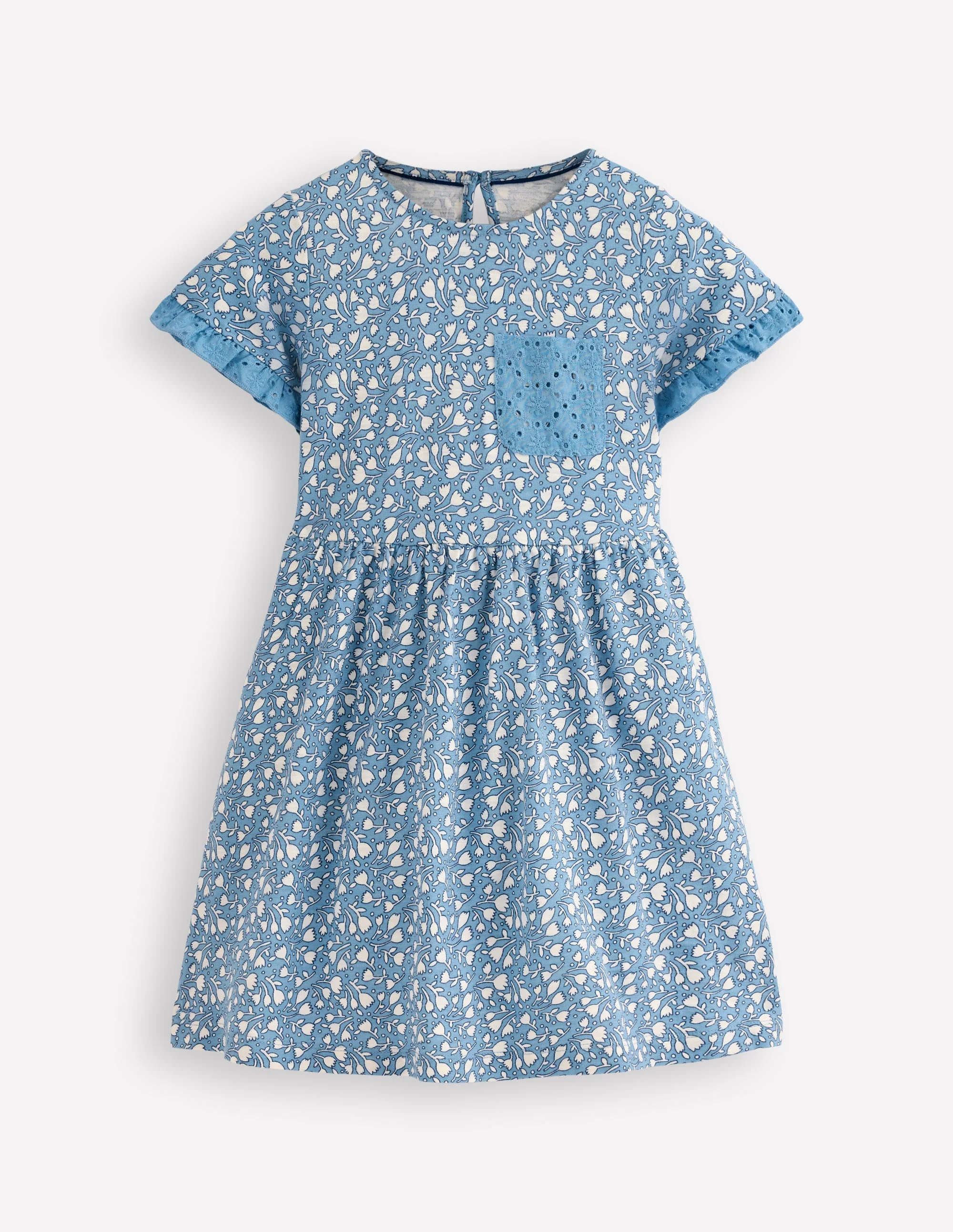 Jerseykleid mit Tasche aus Lochstickerei-Gletscherblau Kleine Tulpen