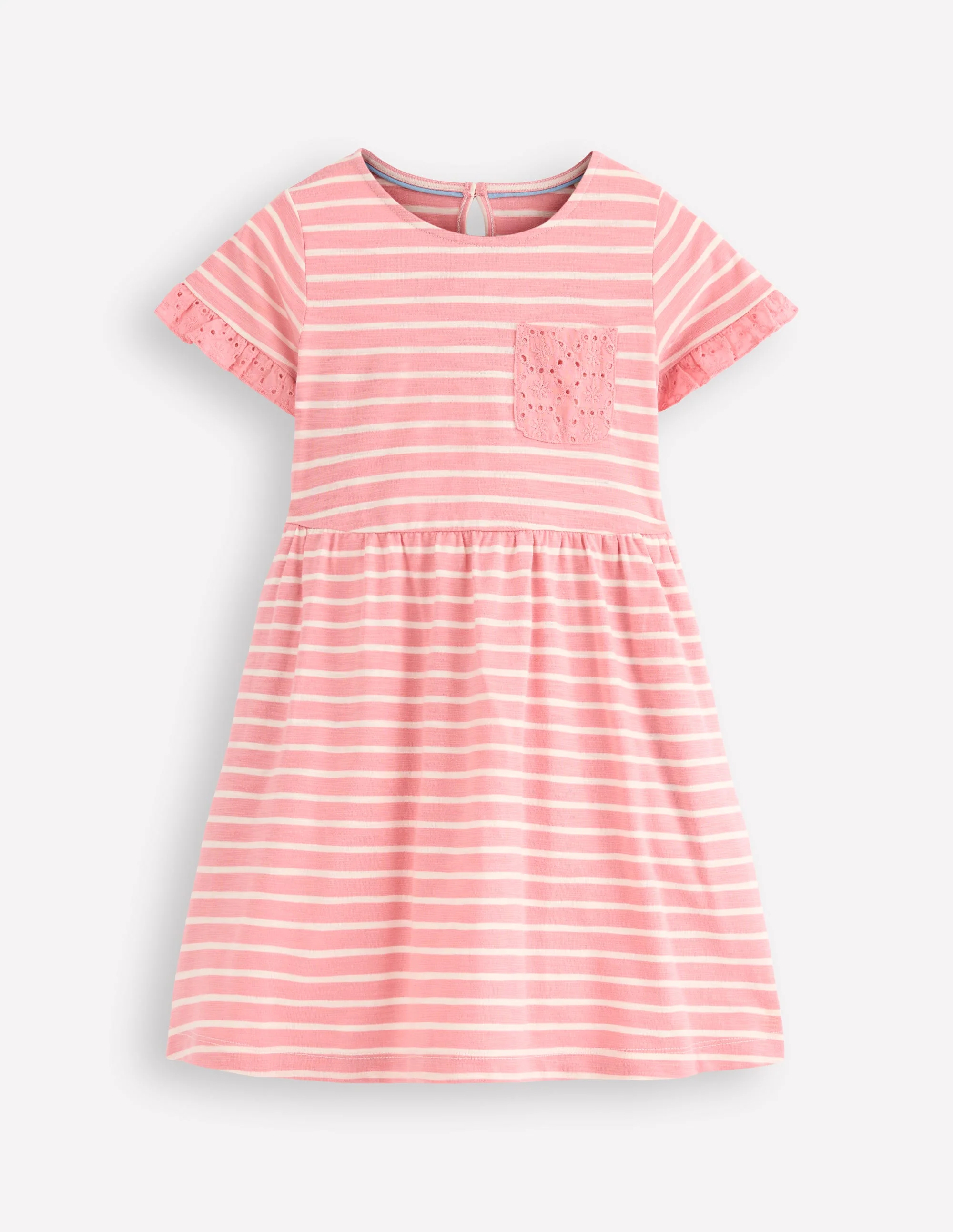 Jerseykleid mit Tasche aus Lochstickerei-Mandelrosa Streifen