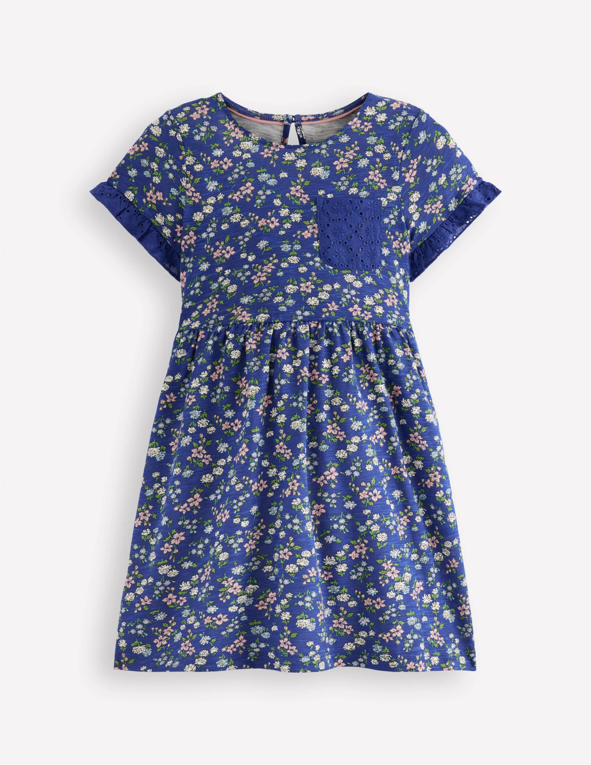 Jerseykleid mit Tasche aus Lochstickerei-Saphirblau Wiese Blumenmuster
