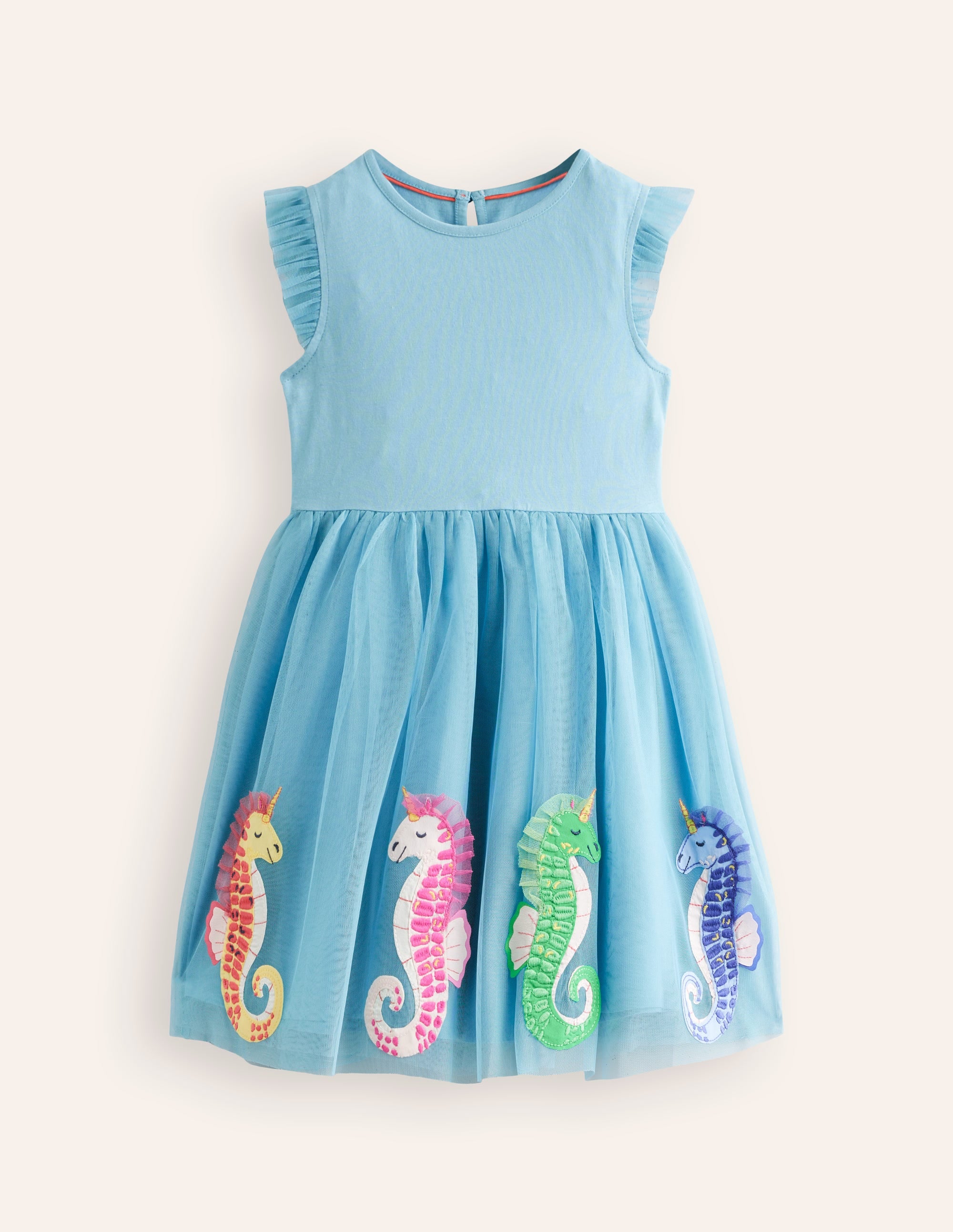 Jerseykleid mit Tüllrock und Applikation-Aqua Meeresblau Seepferdchen