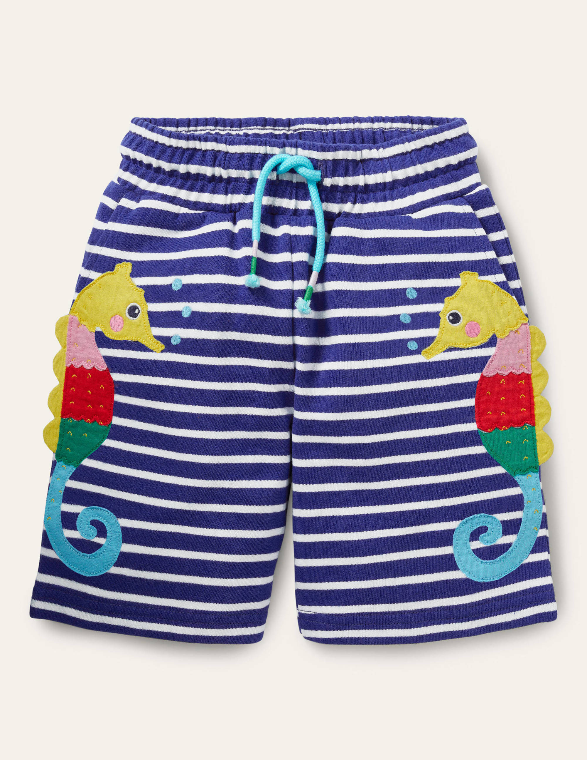 Jerseyshorts mit Applikation-Wellenblau/Naturweiß, Seepferdchen