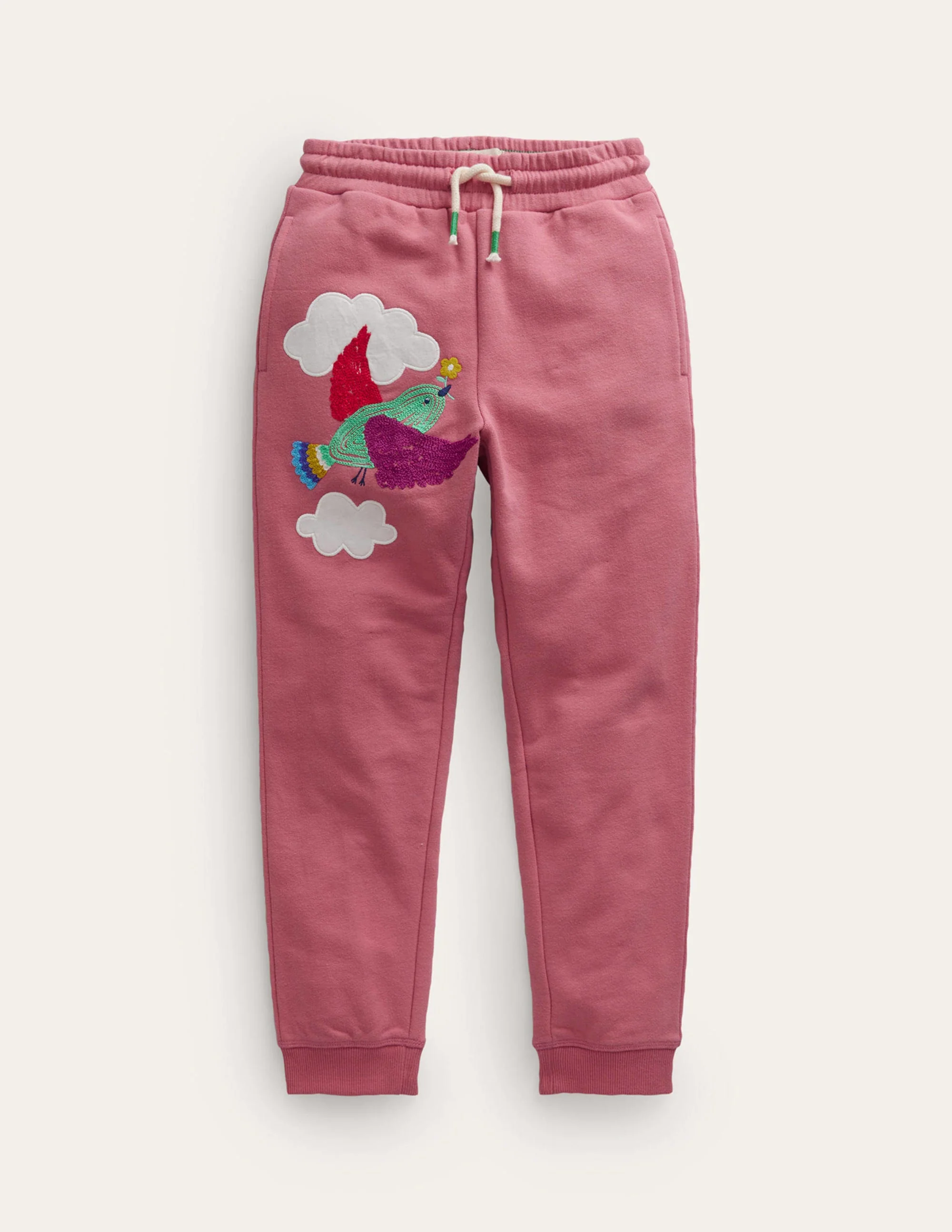Jogginghose mit Applikationen-Kosmos-Rosa Vogel