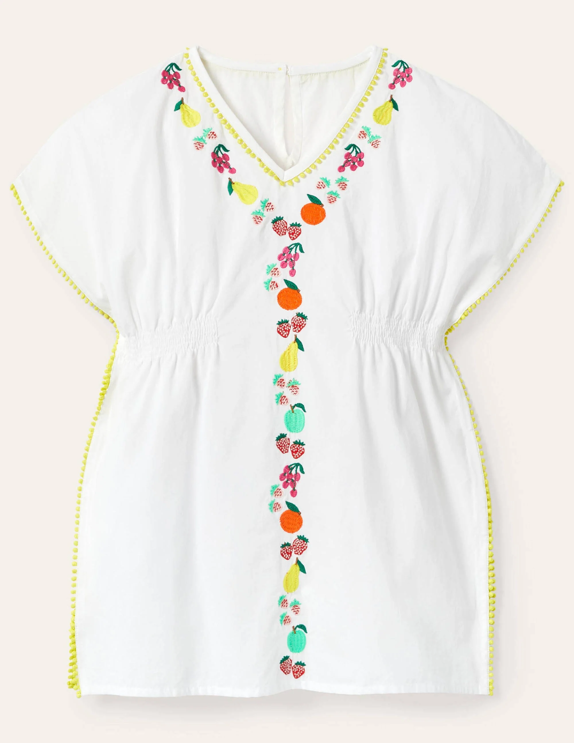 Kaftan mit gestickten Früchten-Weiß