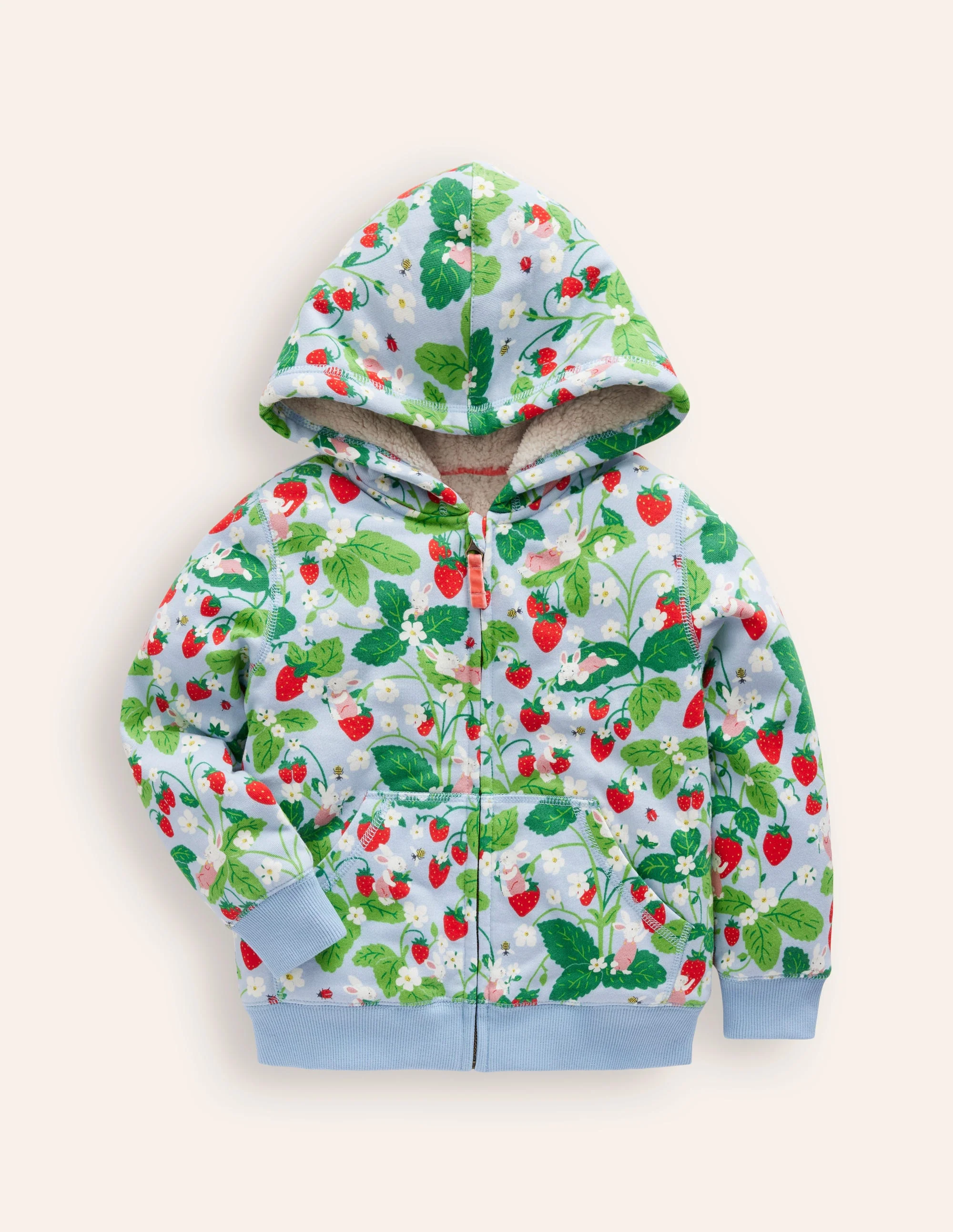 Kapuzenpullover mit Zottelfutter-Erdbeerfeld Druck
