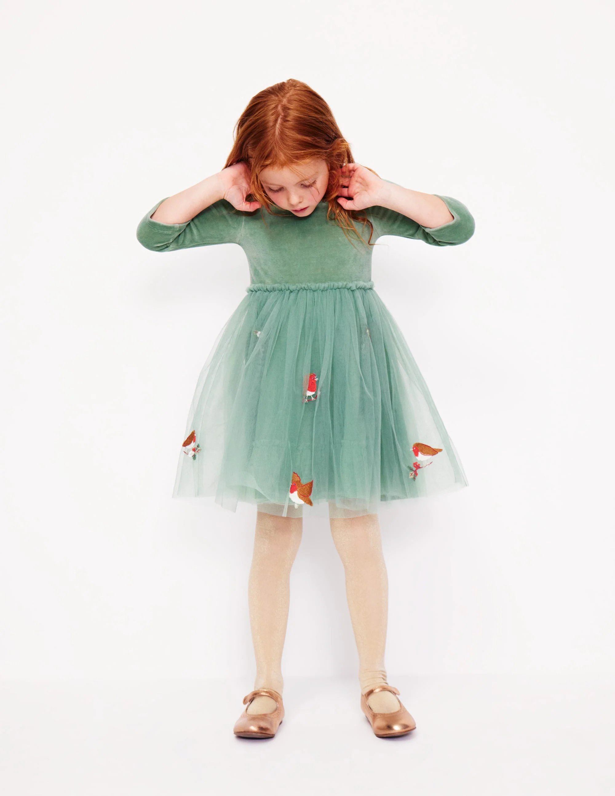 Kleid aus Samt und Tüll mit Applikationen-Eukalyptus Rotkehlchen