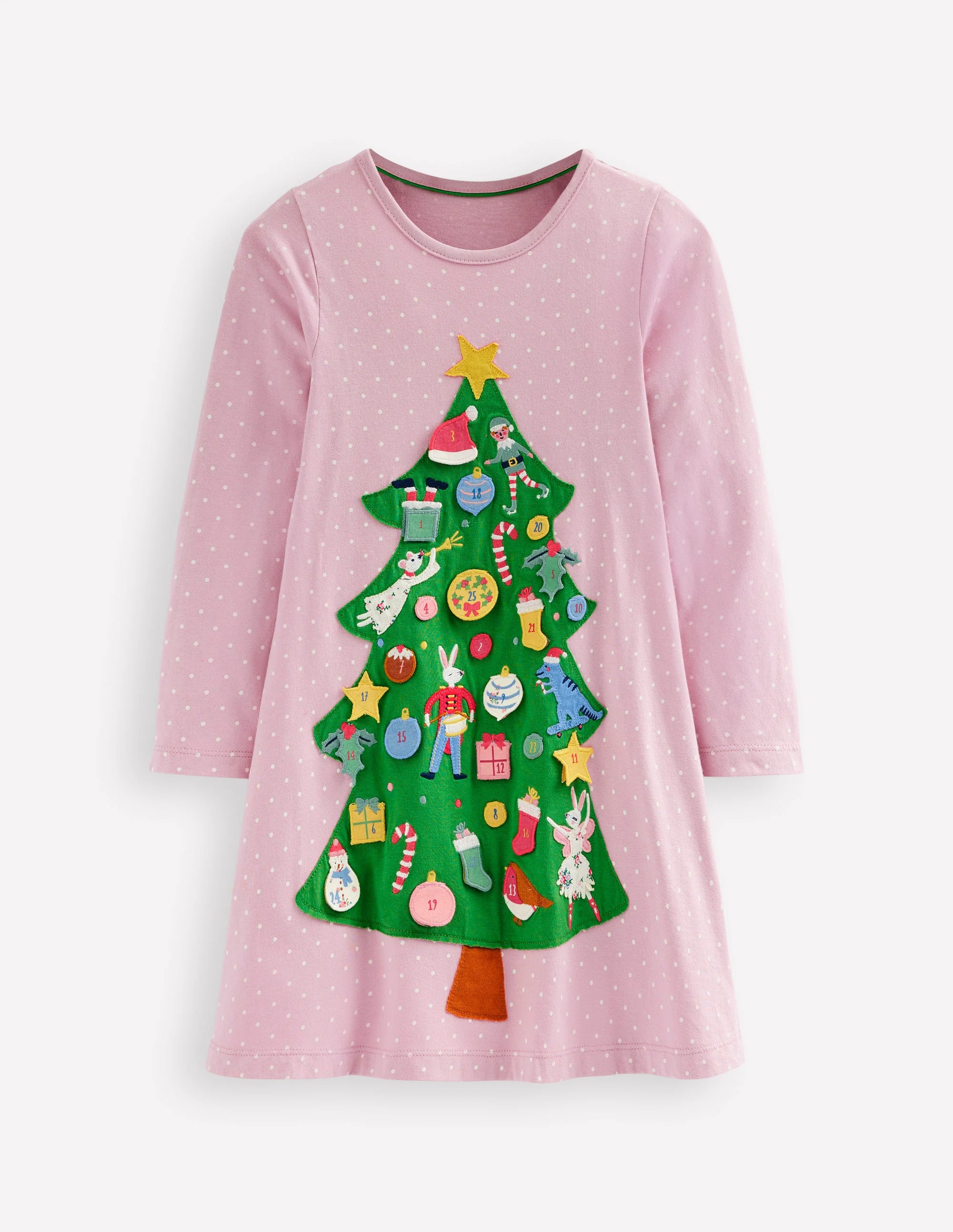 Kleid mit Adventskalender-Applikation-Vintage-Rosa, Weihnachtsbaum