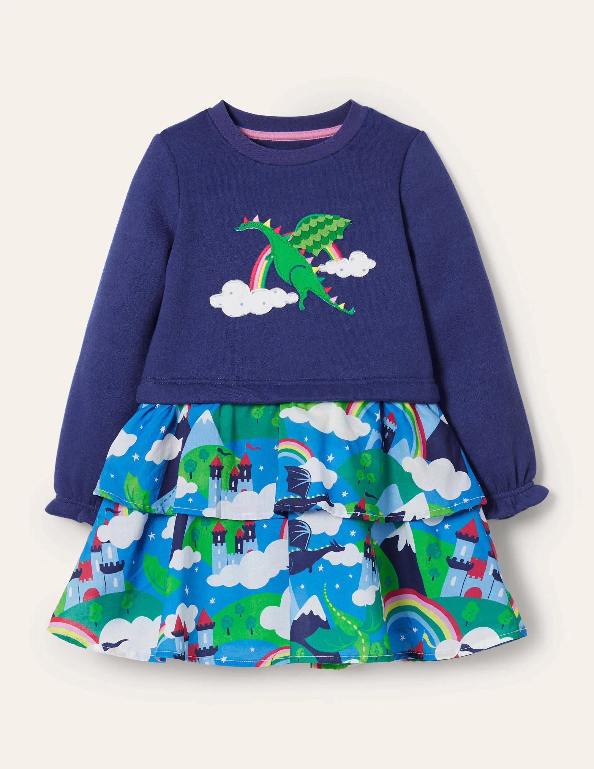 Kleid mit Applikationen und Mustermix-Bunt, Drachen/Himmel