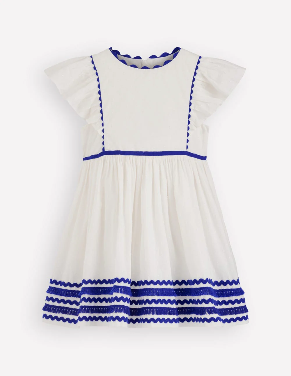 Kleid mit Flatterärmeln und Zackenlitze-Sanftes Naturweiß/Leuchtendes Blau