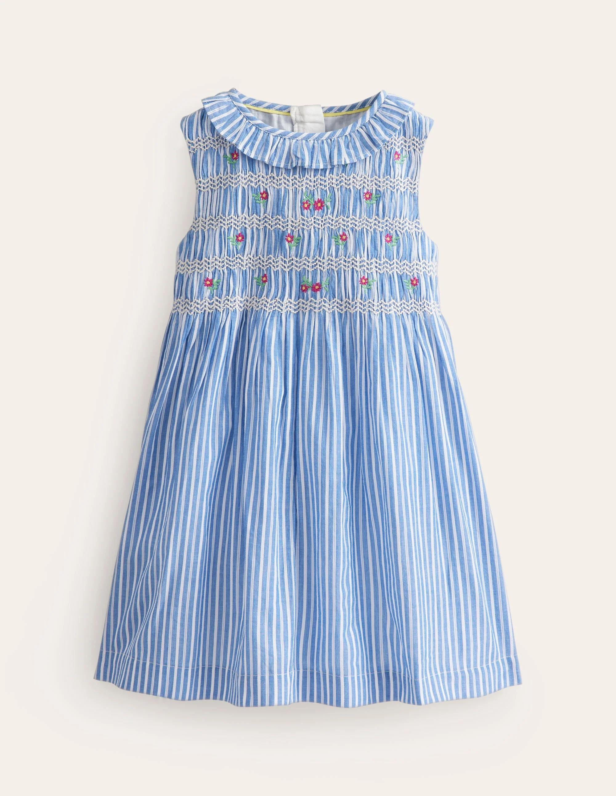 Kleid mit gesmoktem Oberteil-Mittelblau Streifen