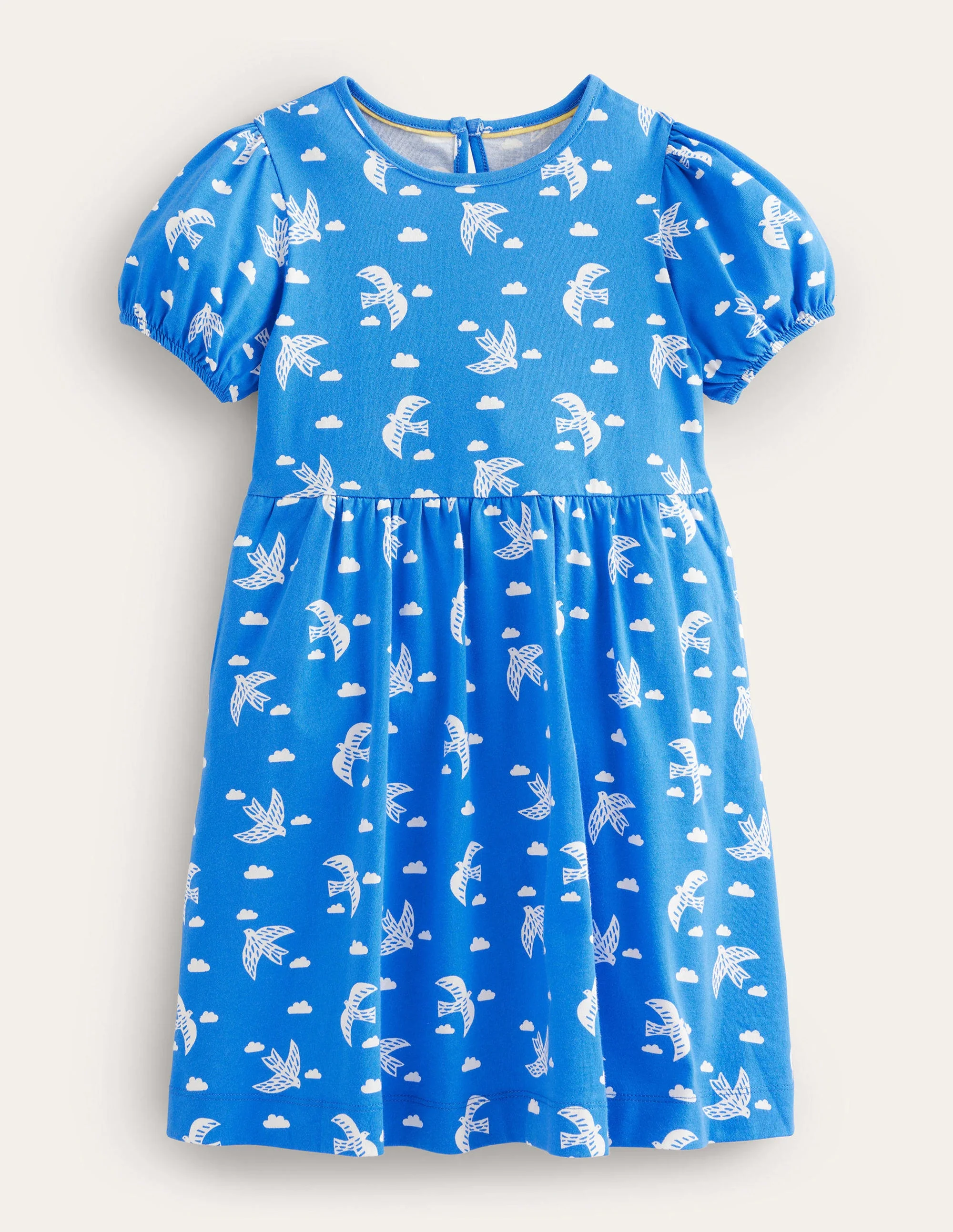 Kleid mit Puffärmeln-Blau, Vögel