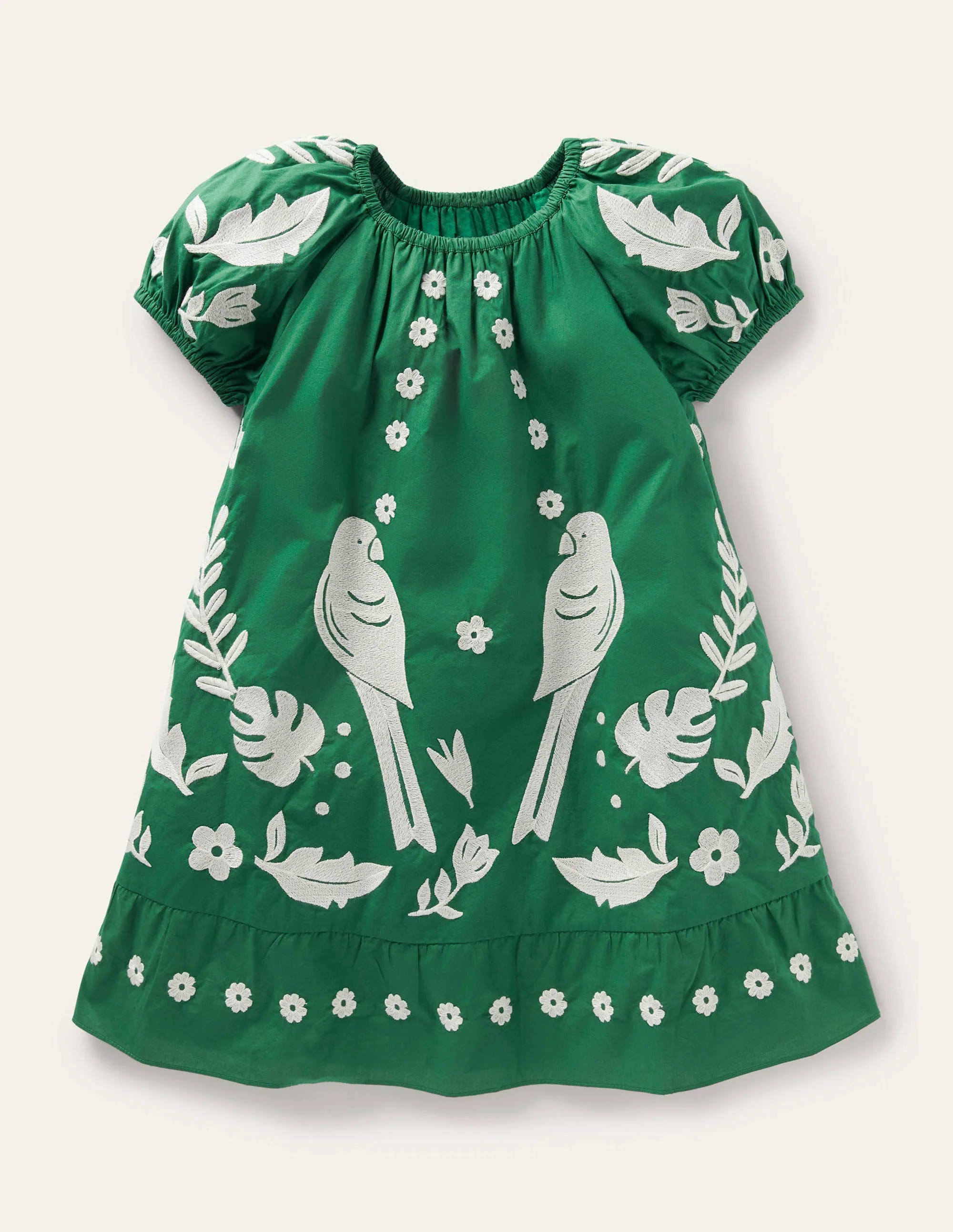Kleid mit Puffärmeln und Stickerei-Paprikagrün, Vögel