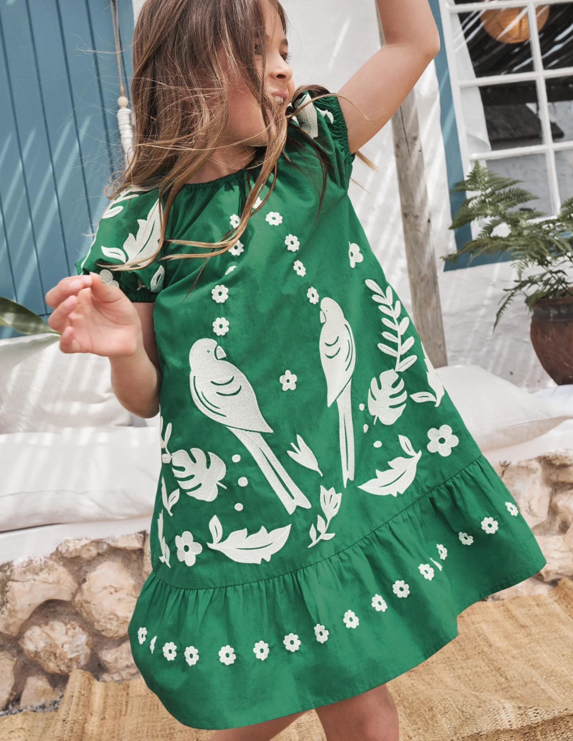 Kleid mit Puffärmeln und Stickerei-Paprikagrün, Vögel - Image 4