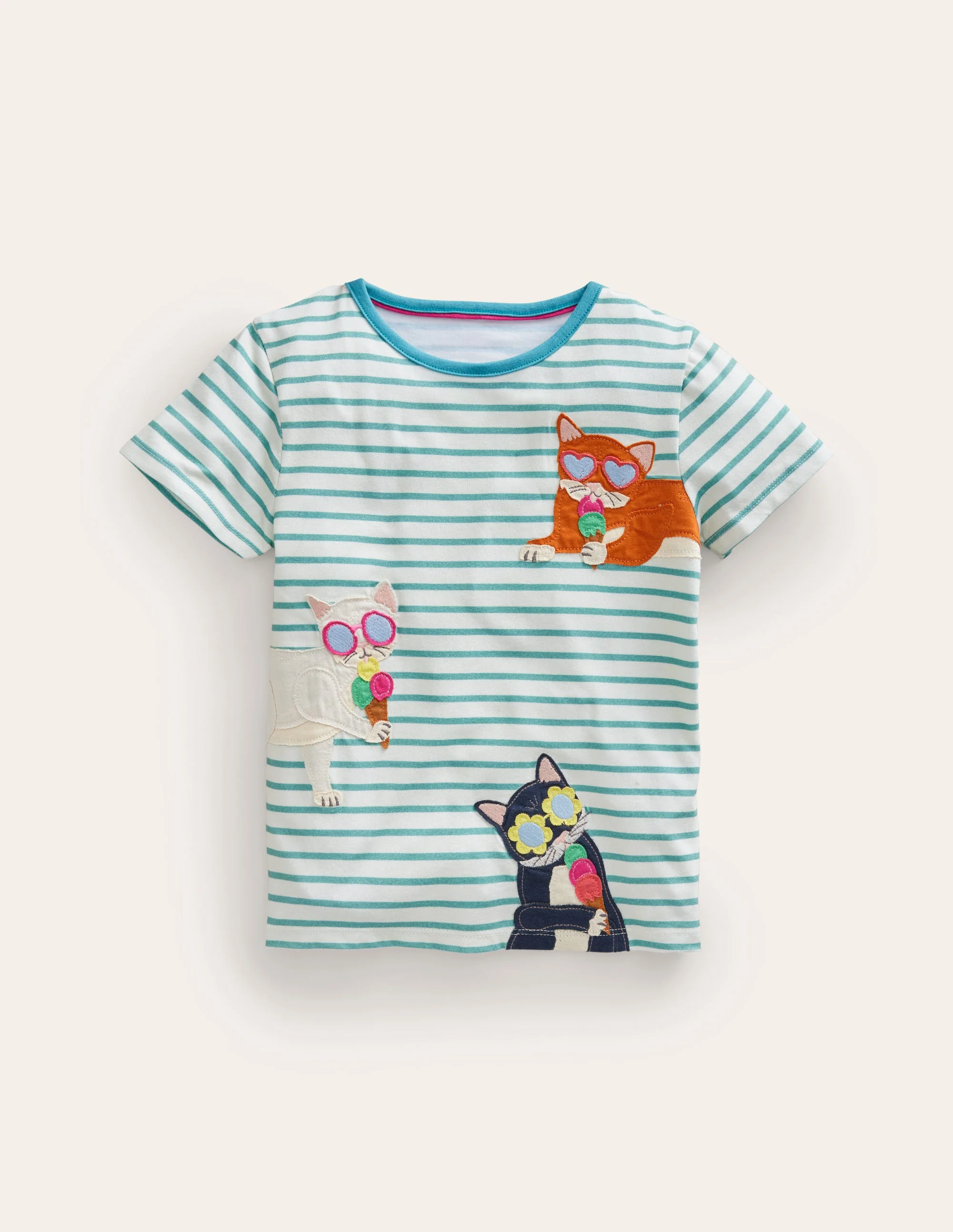 Kurzärmeliges T-Shirt mit Applikation-Naturweiß/ Blau Eis Katzen